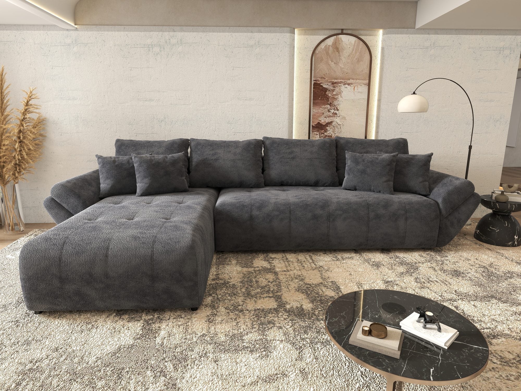 Colțar extensibil dumonde cu ladă de depozitare si sezut confortabil din spuma high-density, Berlin XL Vibe Gri Antracit 97 350x185 cm