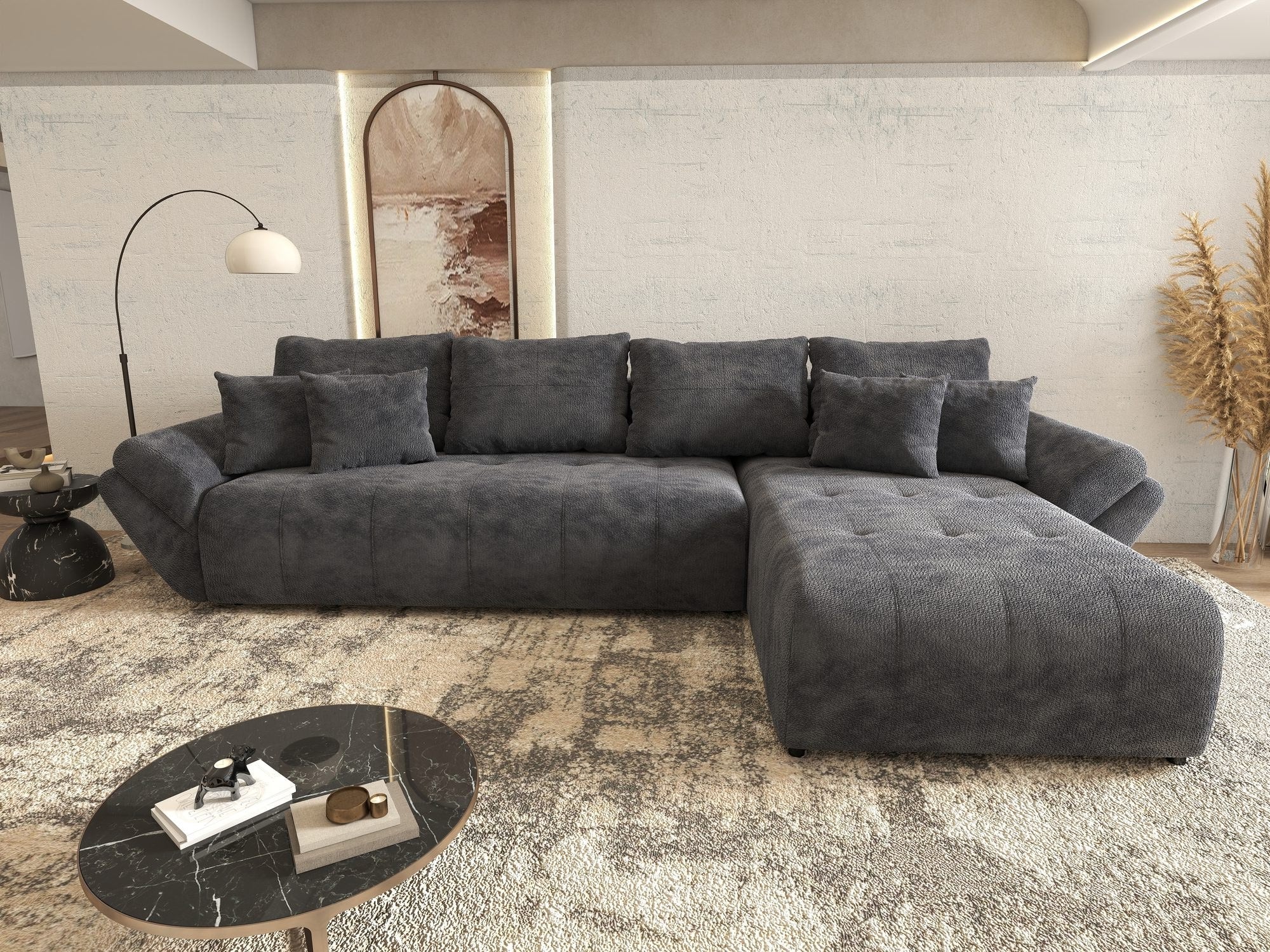 Colțar extensibil dumonde cu ladă de depozitare si sezut confortabil din spuma high-density, Berlin XL Vibe Gri Antracit 97 II 350x185 cm