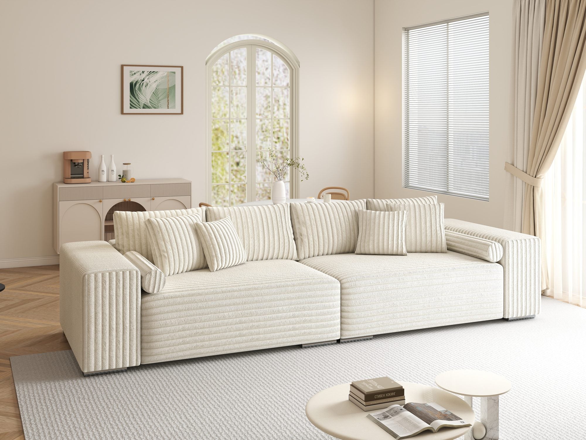 Canapea extensibilă dumonde cu ladă de depozitare si sezut confortabil din spuma high-density, Marbela XXL Tilia Bej 01 290x100 cm