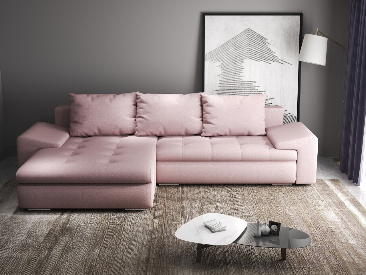 Colțar extensibil dumonde cu ladă de depozitare si sezut confortabil din spuma HR, Leonardo Enjoy Roz 260x185 cm Fabrica
