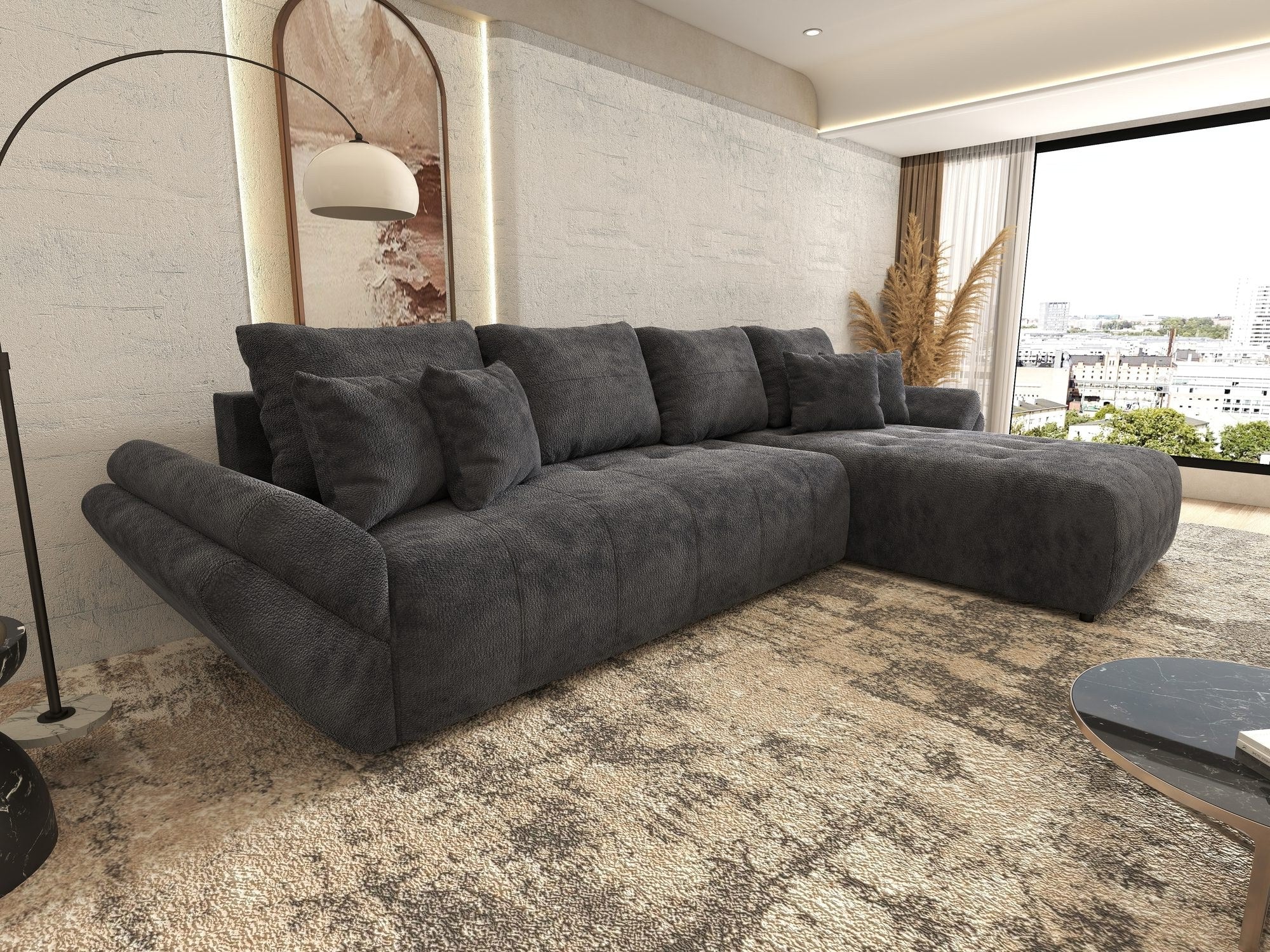 Colțar extensibil dumonde cu ladă de depozitare si sezut confortabil din spuma high-density, Berlin XL Vibe Gri Antracit 97 II 350x185 cm