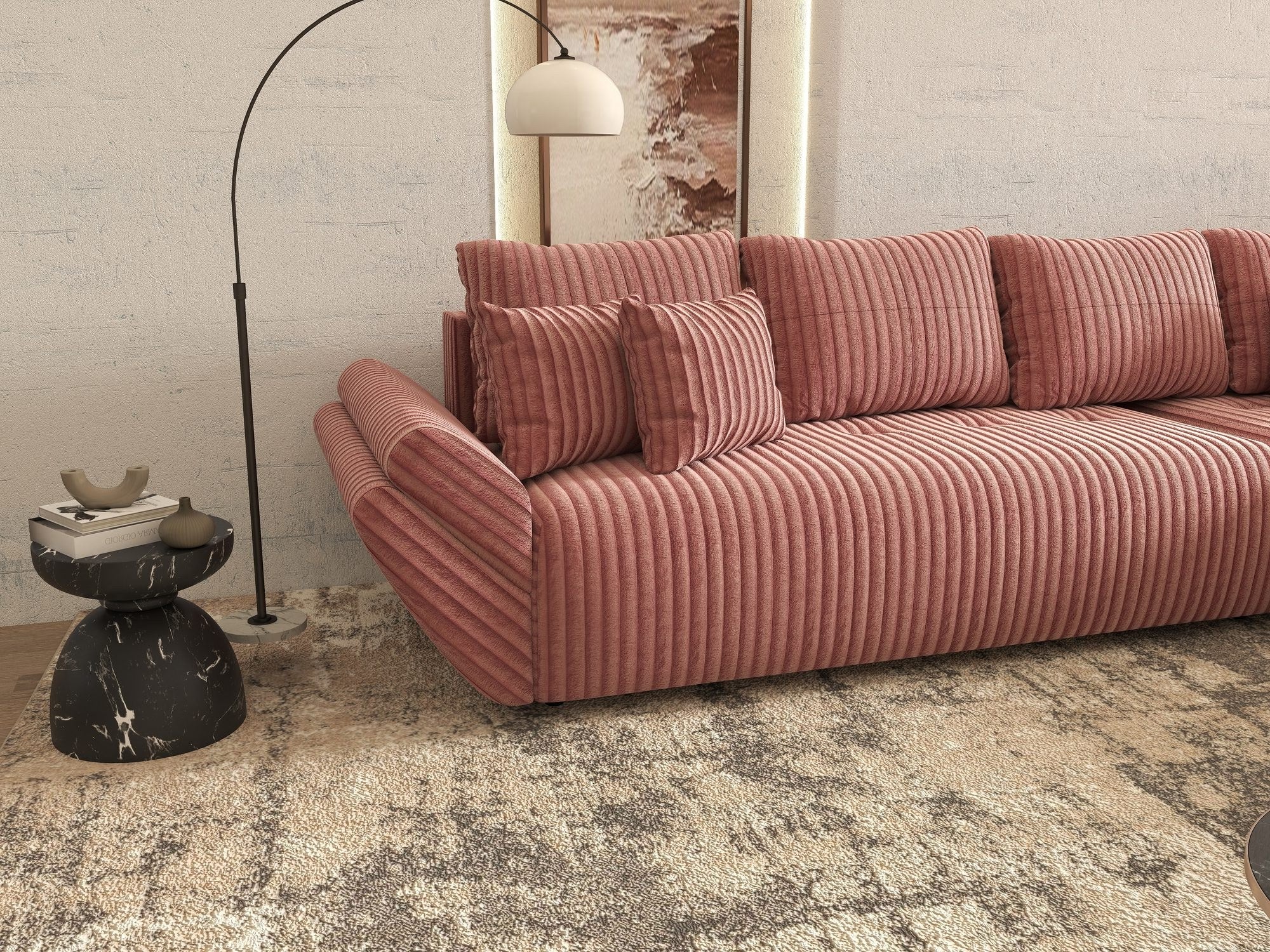Colțar extensibil dumonde cu ladă de depozitare si sezut confortabil din spuma high-density, Berlin XL Tilia Roz Pudrat 62 II 350x185 cm