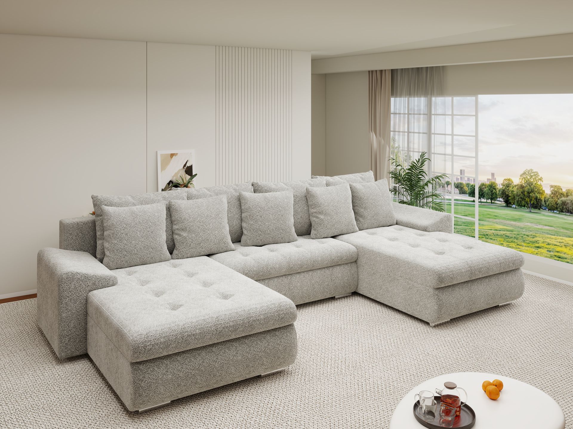Colțar extensibil dumonde cu ladă de depozitare si sezut confortabil din spuma high-density, Leonardo U Arena Bej 02 360x185 cm