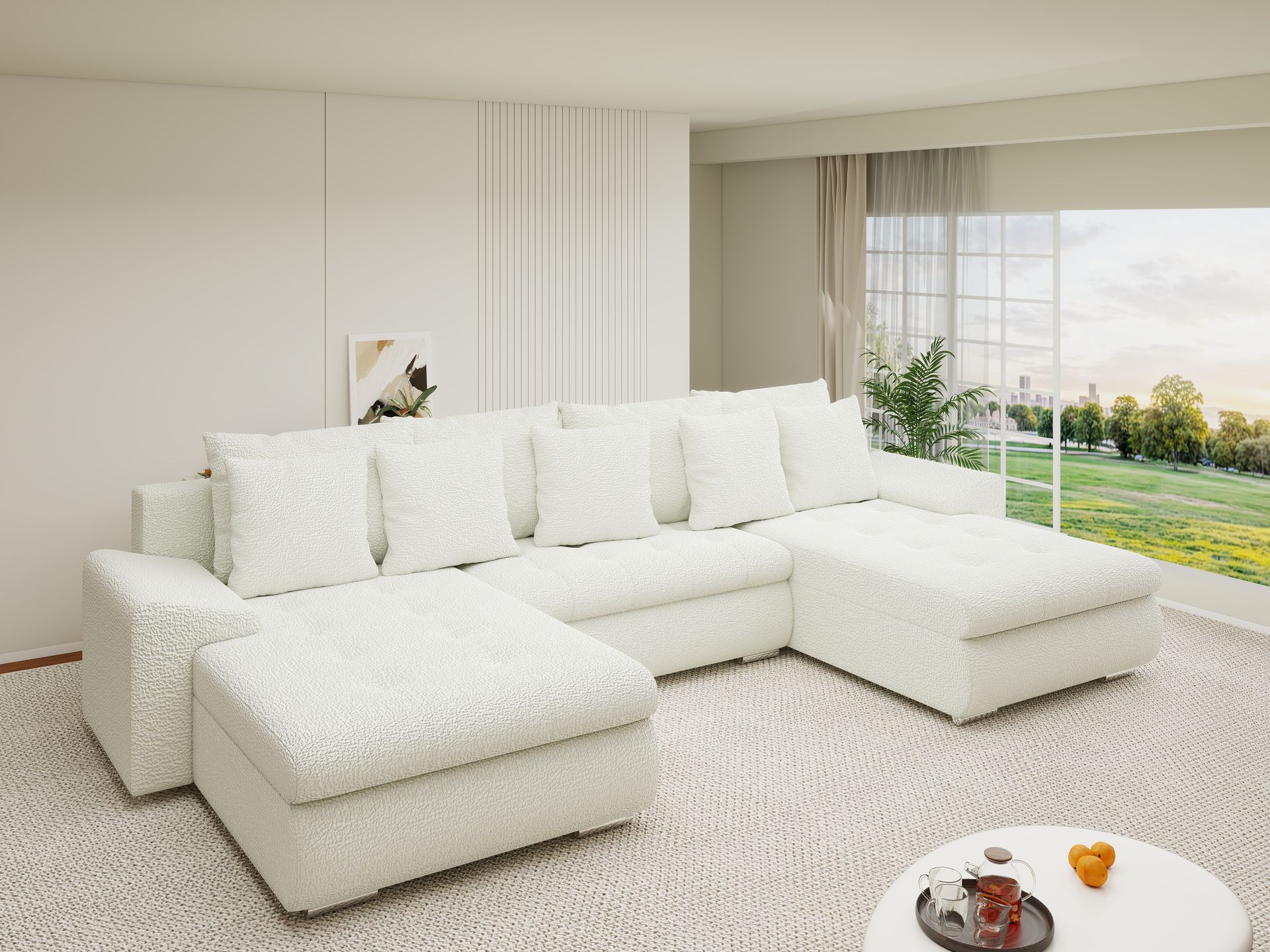 Colțar extensibil dumonde cu ladă de depozitare si sezut confortabil din spuma high-density, Leonardo U Jaguar Ivory 01 360x185 cm
