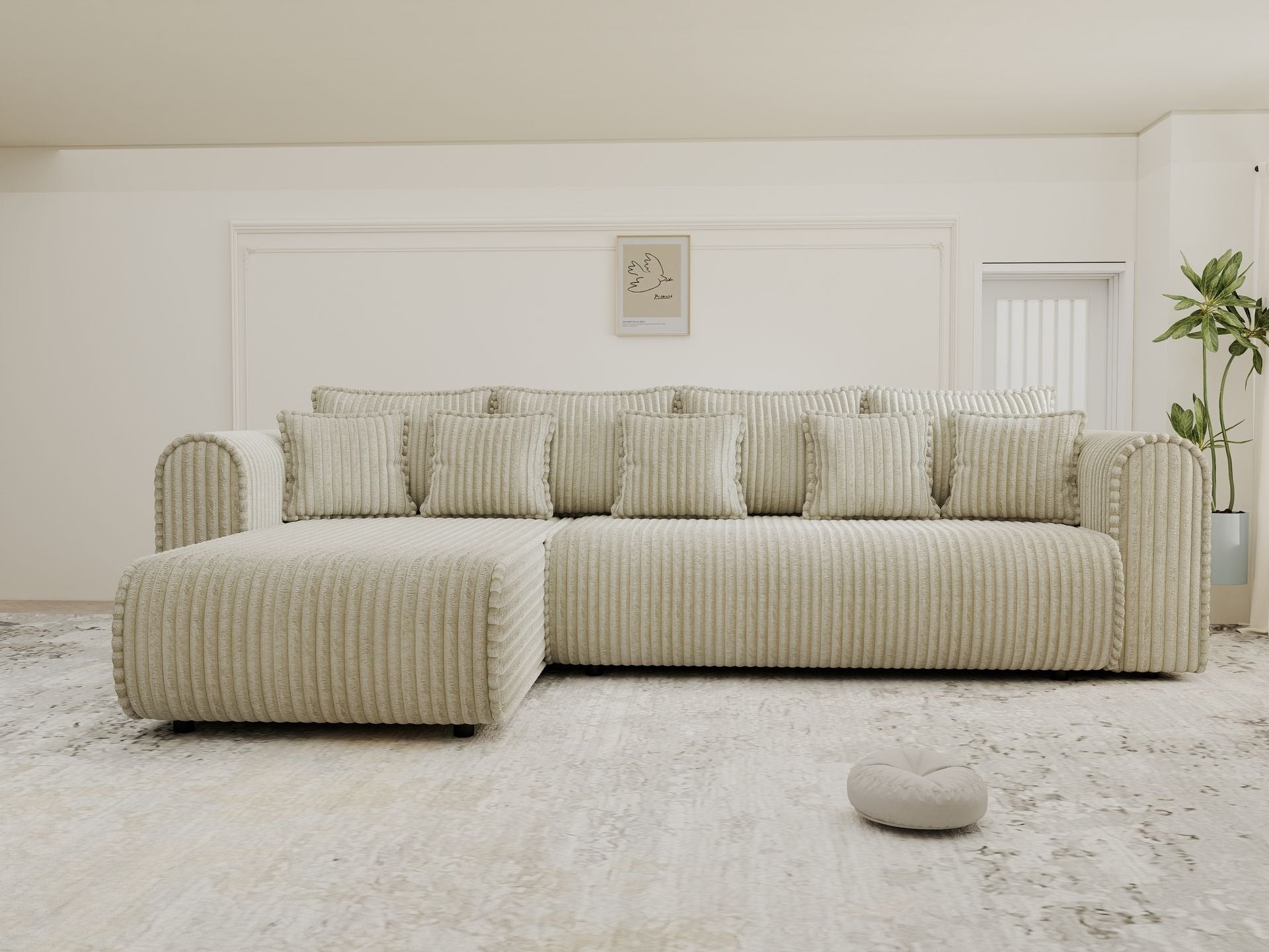 Colțar extensibil dumonde cu ladă de depozitare si sezut confortabil din spuma high-density, Monaco XL Tilia Bej 340x185 cm