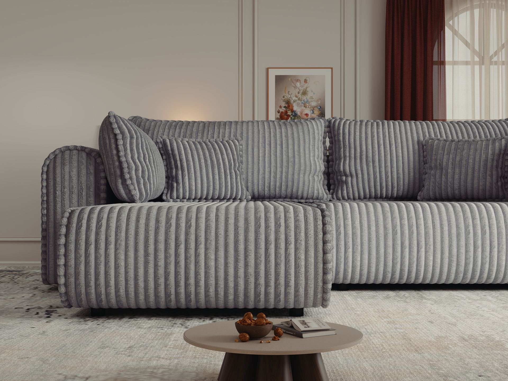 Colțar extensibil dumonde cu ladă de depozitare si sezut confortabil din spuma high-density, Monaco L Tilia Dove 270x100 cm
