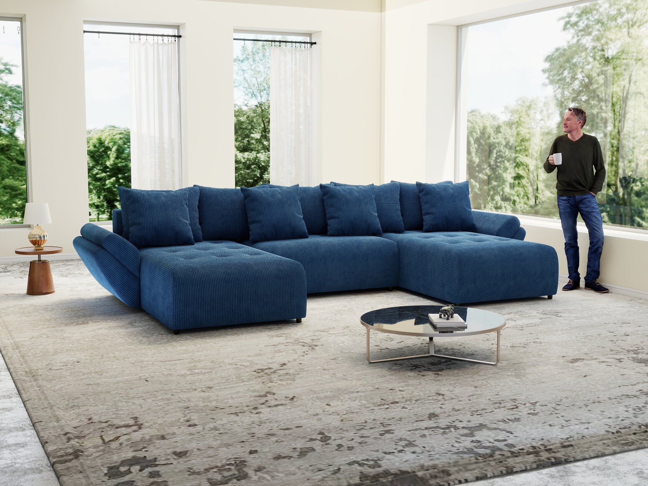 Colțar extensibil dumonde cu ladă de depozitare si sezut confortabil din spuma high-density, Berlin U Zoom Blue 400x185 cm