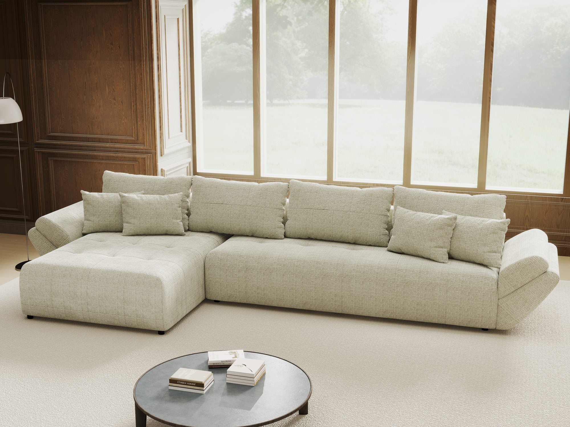 Colțar extensibil dumonde cu ladă de depozitare si sezut confortabil din spuma high-density, Berlin XL Cremona Bej 04 350x185 cm