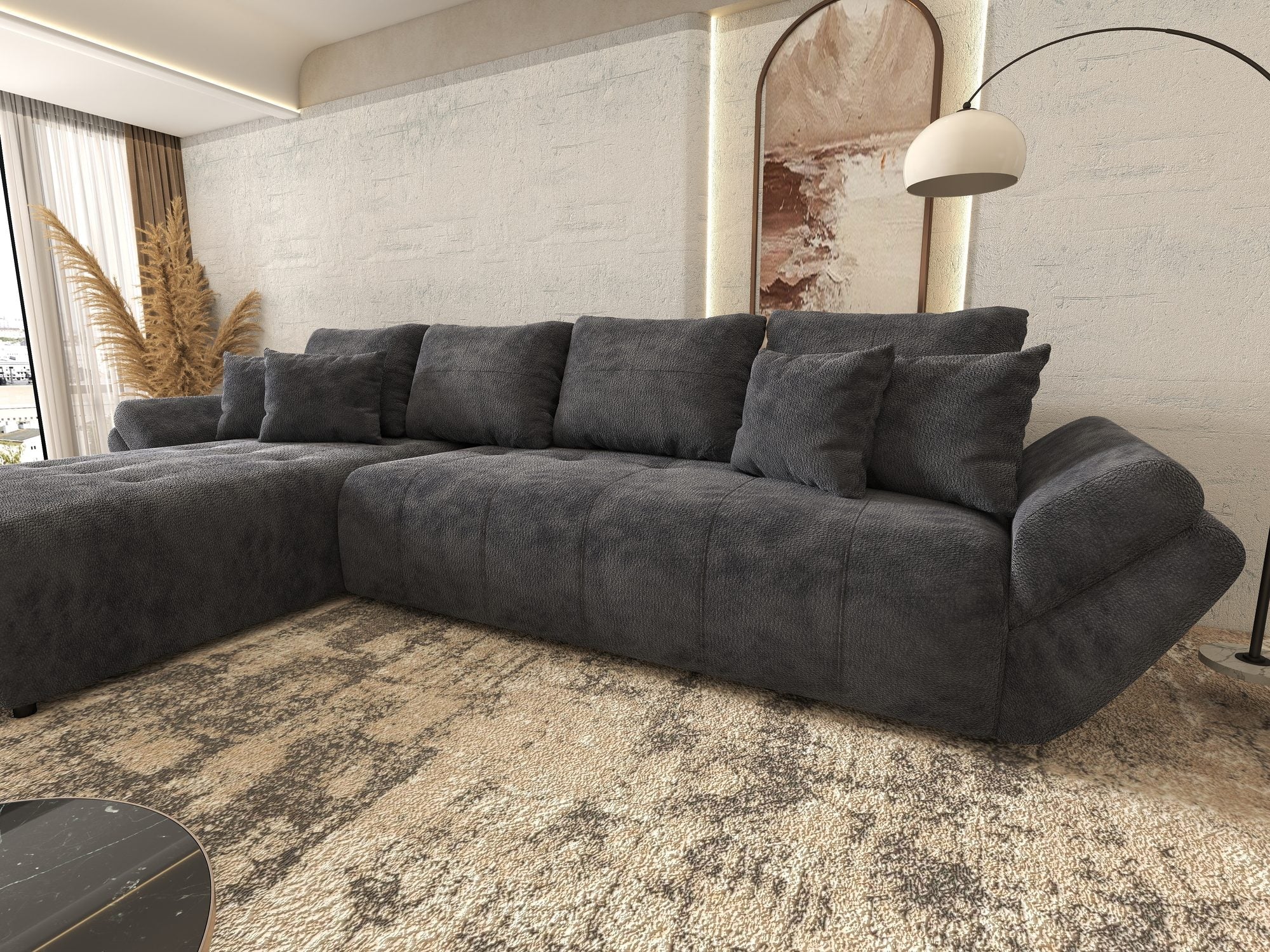 Colțar extensibil dumonde cu ladă de depozitare si sezut confortabil din spuma high-density, Berlin XL Vibe Gri Antracit 97 350x185 cm