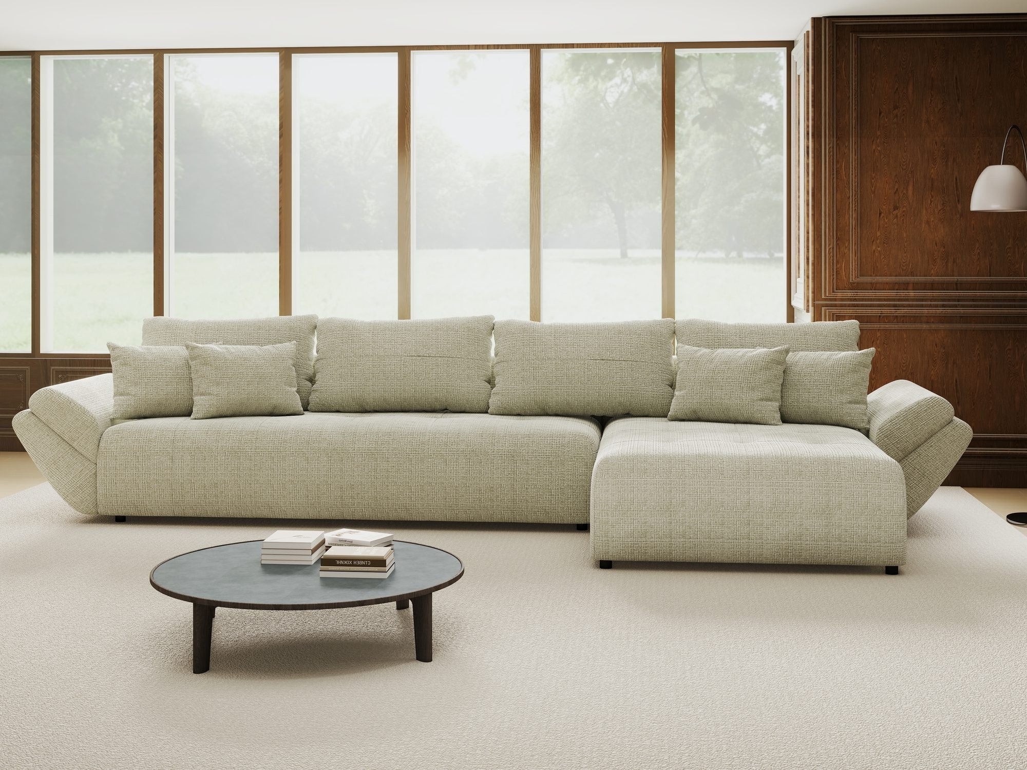 Colțar extensibil dumonde cu ladă de depozitare si sezut confortabil din spuma high-density, Berlin XL Cremona Bej 04 II 350x185 cm