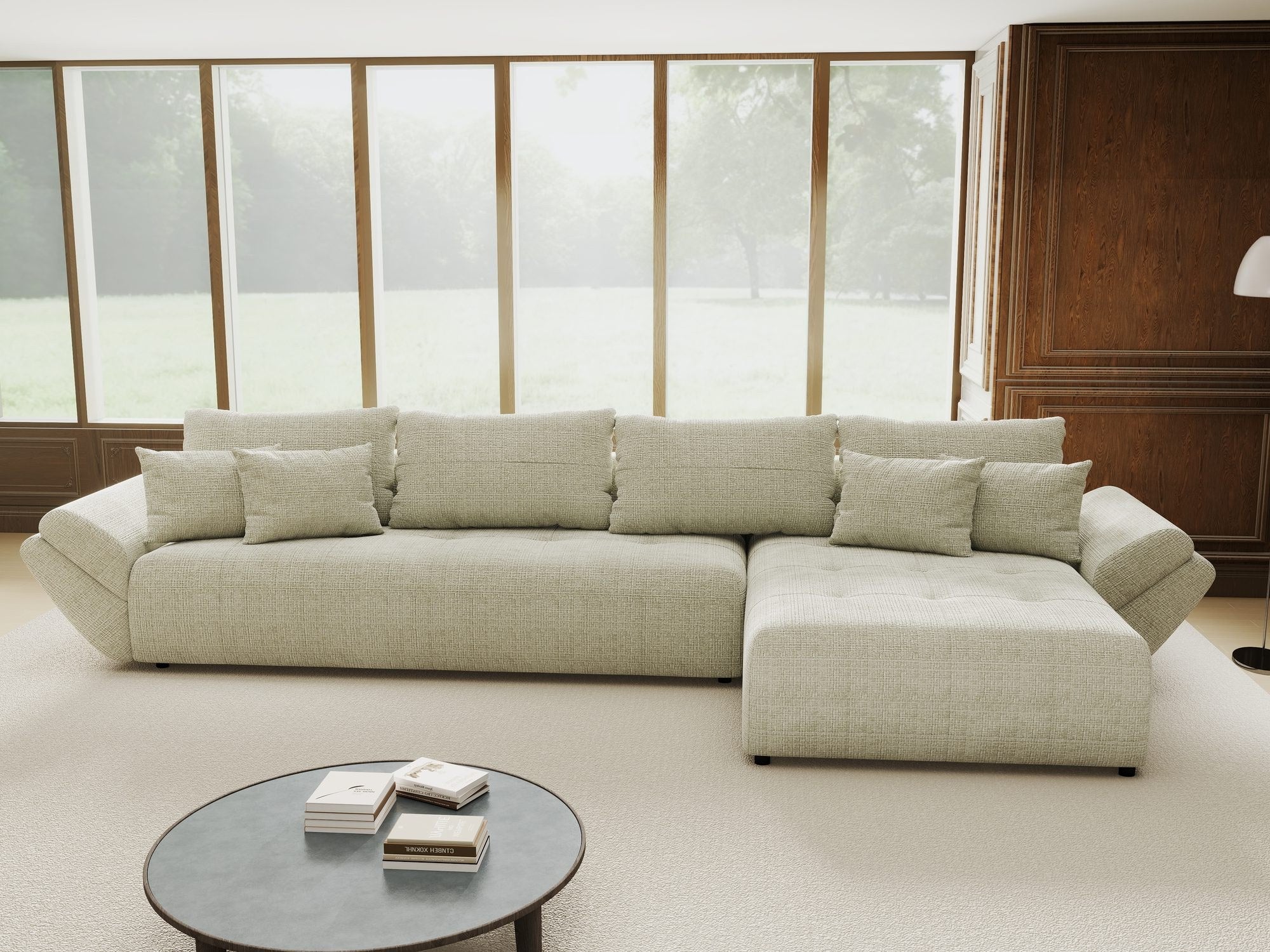 Colțar extensibil dumonde cu ladă de depozitare si sezut confortabil din spuma high-density, Berlin XL Cremona Bej 04 II 350x185 cm