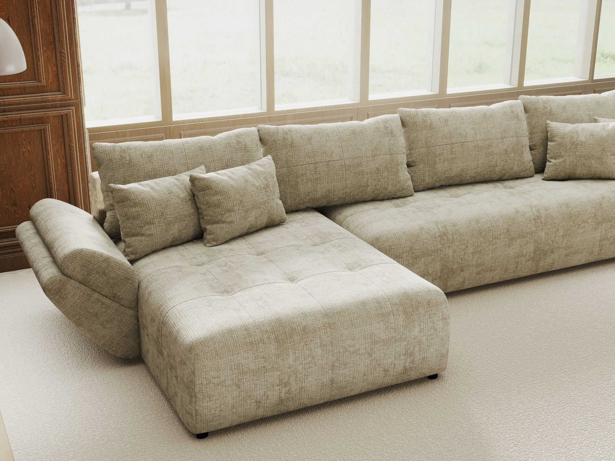 Colțar extensibil dumonde cu ladă de depozitare si sezut confortabil din spuma high-density, Berlin XL Cremona Bej 14 350x185 cm