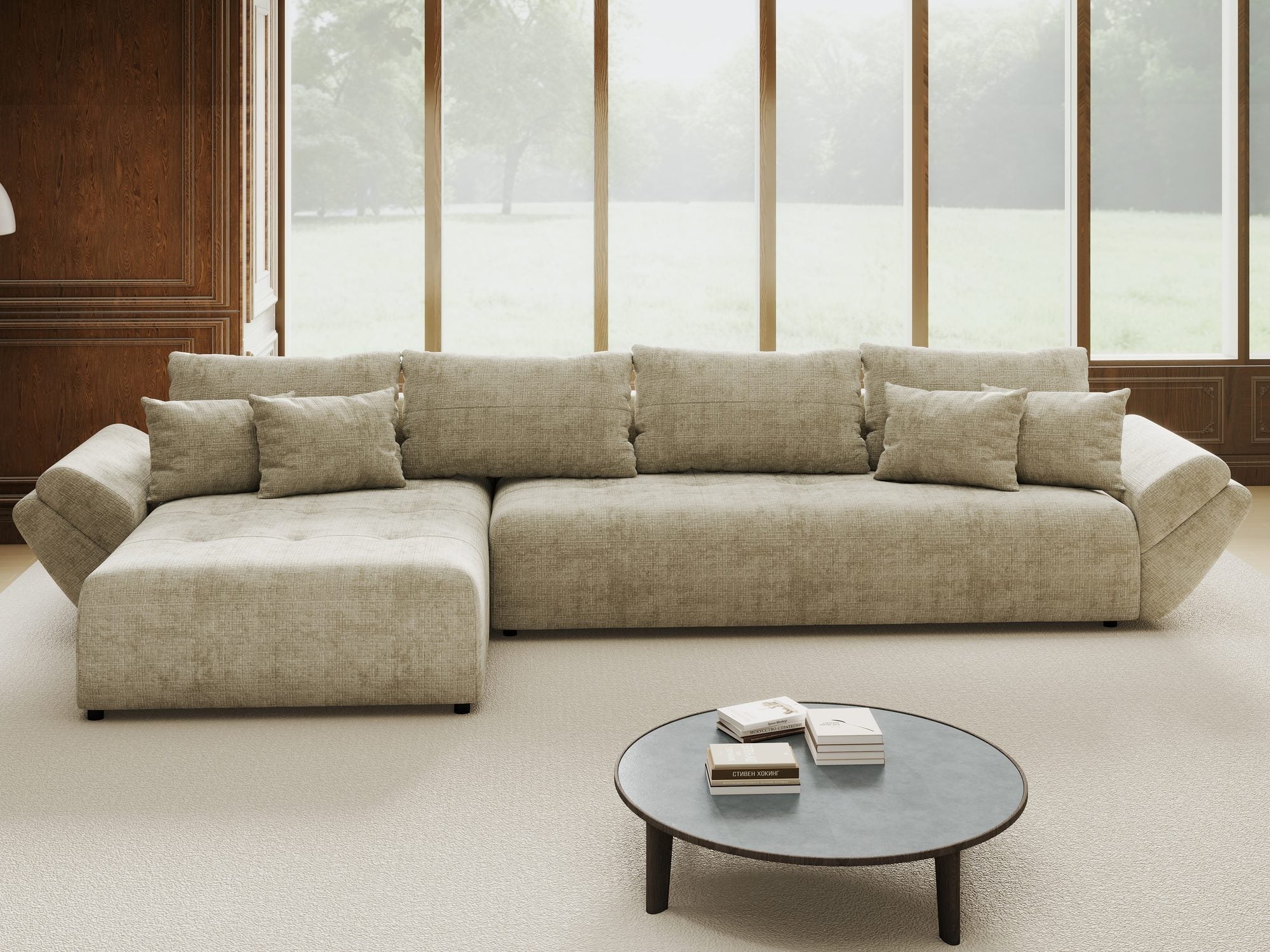Colțar extensibil dumonde cu ladă de depozitare si sezut confortabil din spuma high-density, Berlin XL Cremona Bej 14 350x185 cm