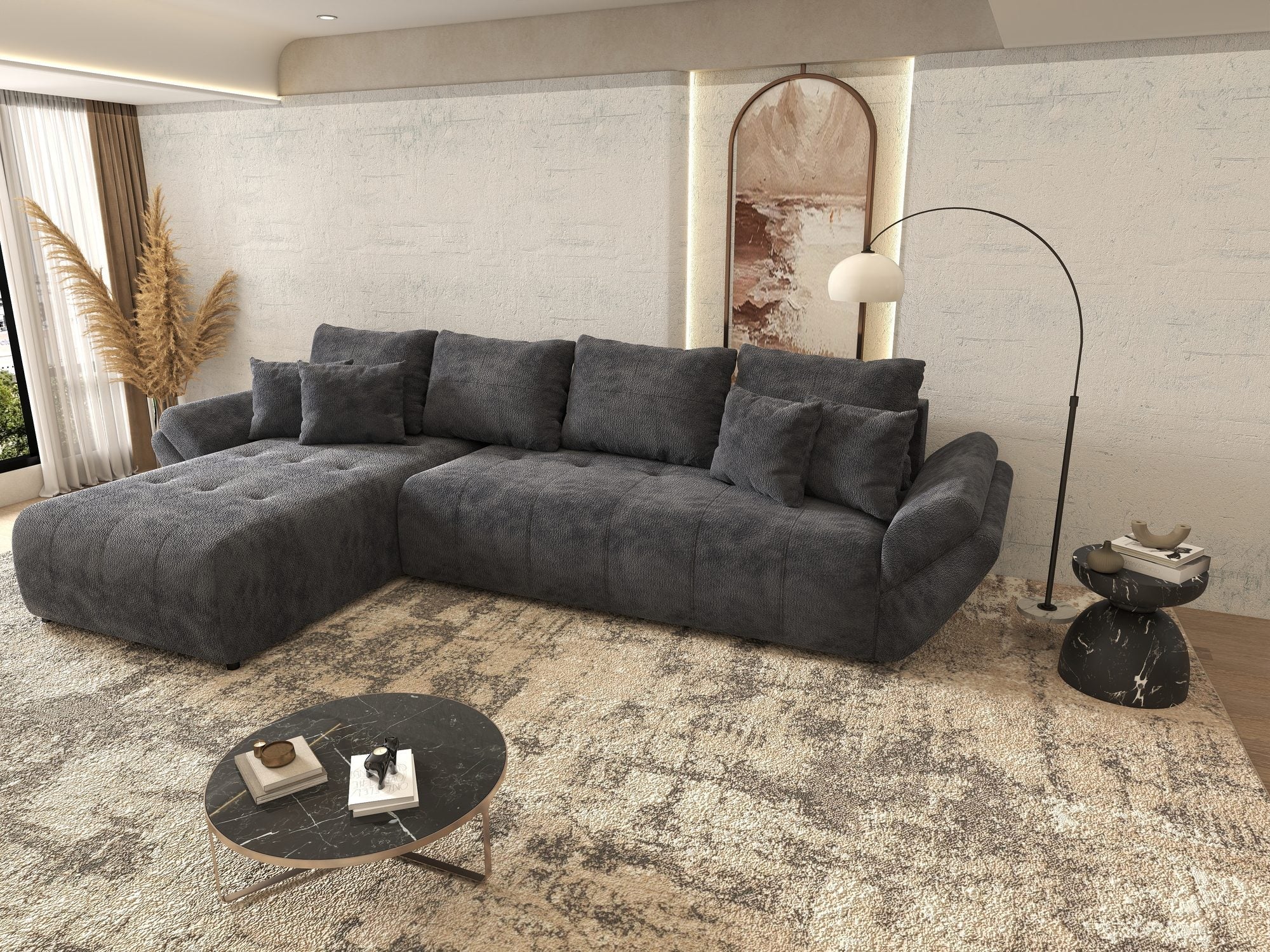 Colțar extensibil dumonde cu ladă de depozitare si sezut confortabil din spuma high-density, Berlin XL Vibe Gri Antracit 97 350x185 cm