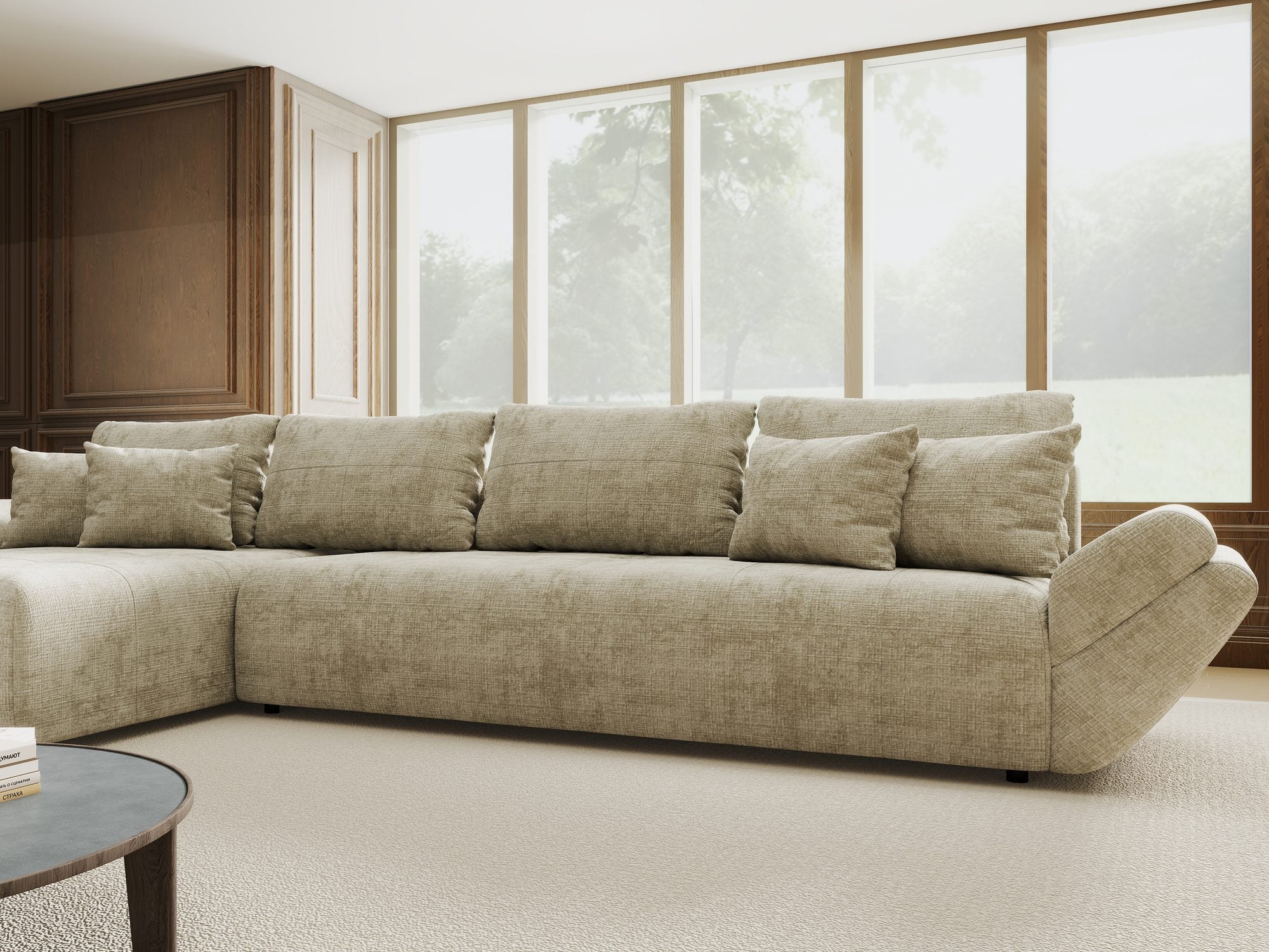 Colțar extensibil dumonde cu ladă de depozitare si sezut confortabil din spuma high-density, Berlin XL Cremona Bej 14 350x185 cm