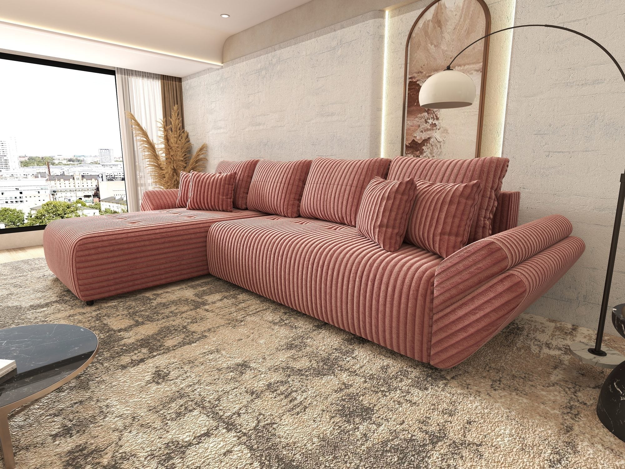 Colțar extensibil dumonde cu ladă de depozitare si sezut confortabil din spuma high-density, Berlin XL Tilia Roz Pudrat 62 350x185 cm