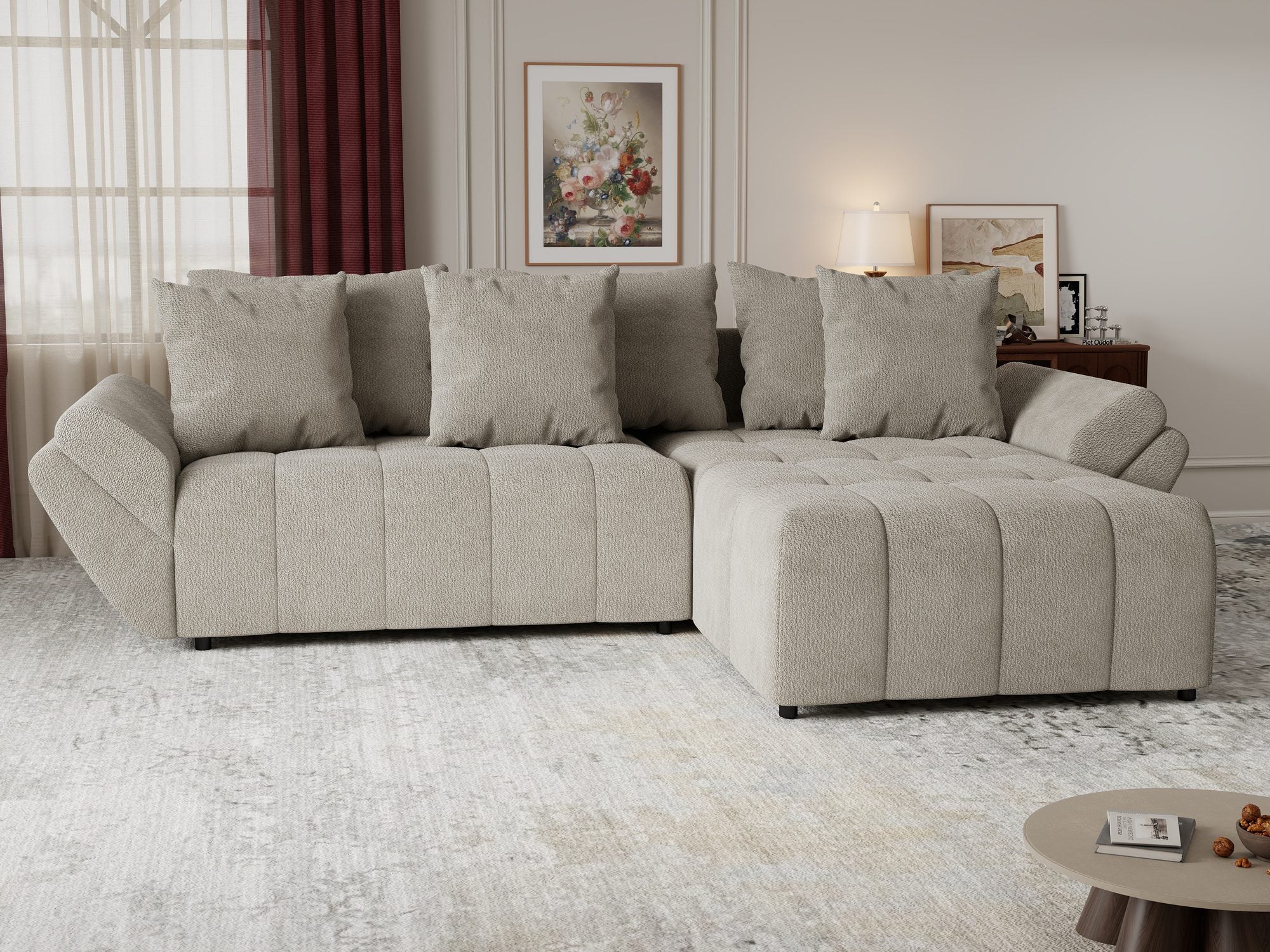 Colțar extensibil dumonde cu ladă de depozitare si sezut confortabil din spuma high-density, Berlin Vibe Bej 06 II 280x185 cm