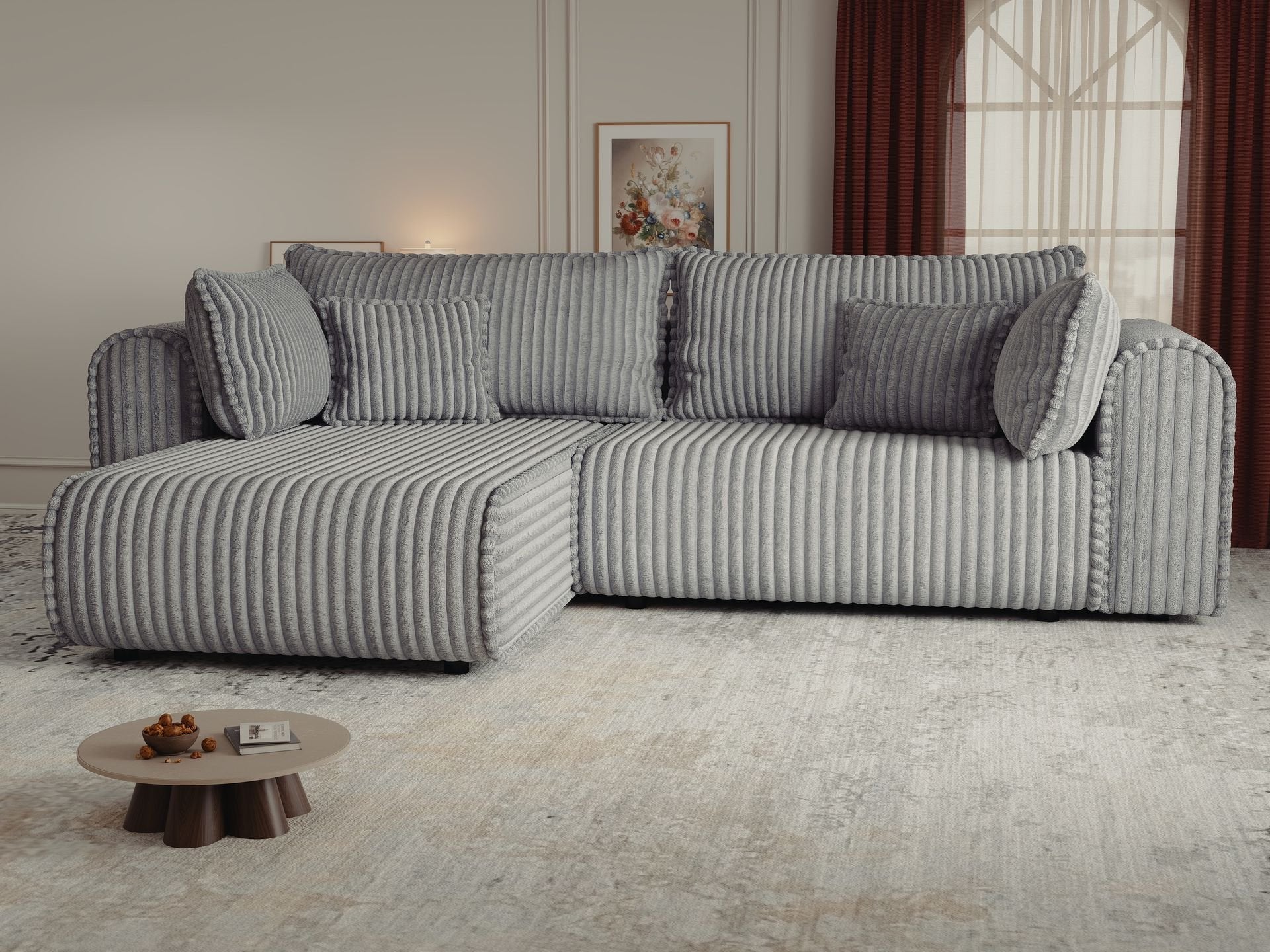 Colțar extensibil dumonde cu ladă de depozitare si sezut confortabil din spuma high-density, Monaco L Tilia Dove 270x100 cm