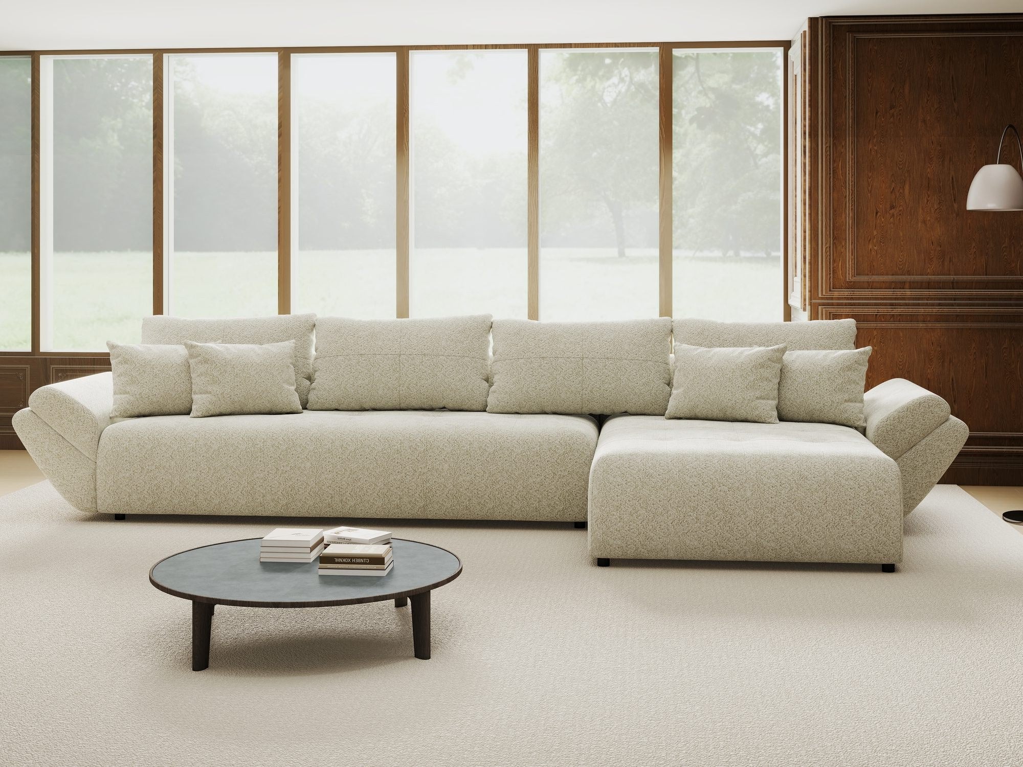 Colțar extensibil dumonde cu ladă de depozitare si sezut confortabil din spuma high-density, Berlin XL Arena Bej 20 II 350x185 cm