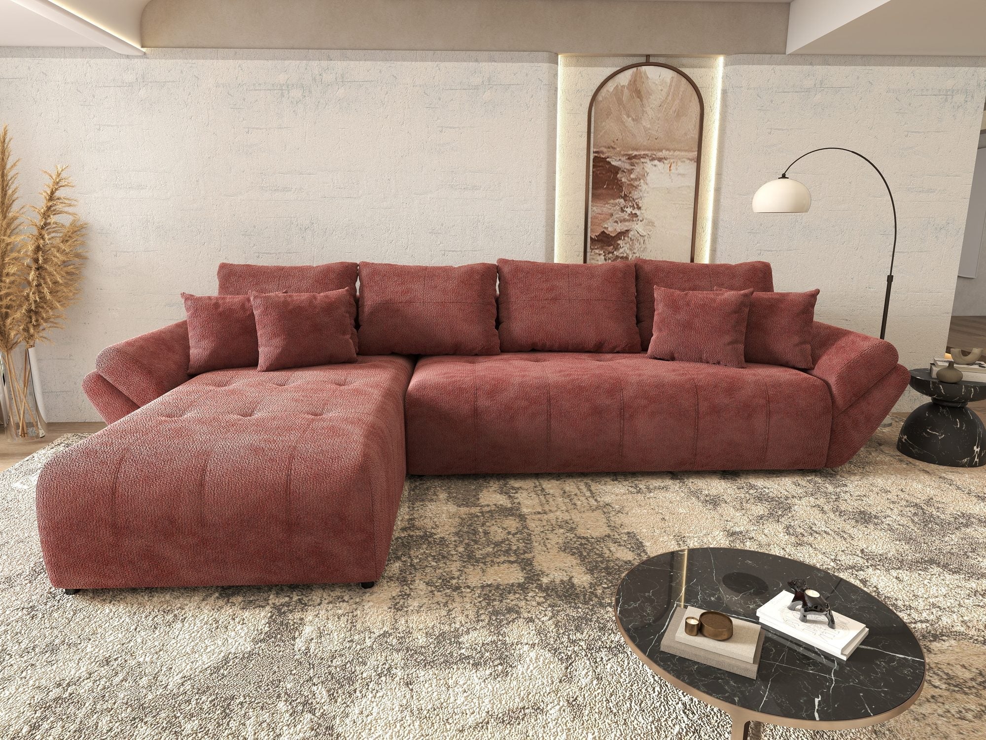 Colțar extensibil dumonde cu ladă de depozitare si sezut confortabil din spuma high-density, Berlin XL Vibe Rosu 58 350x185 cm