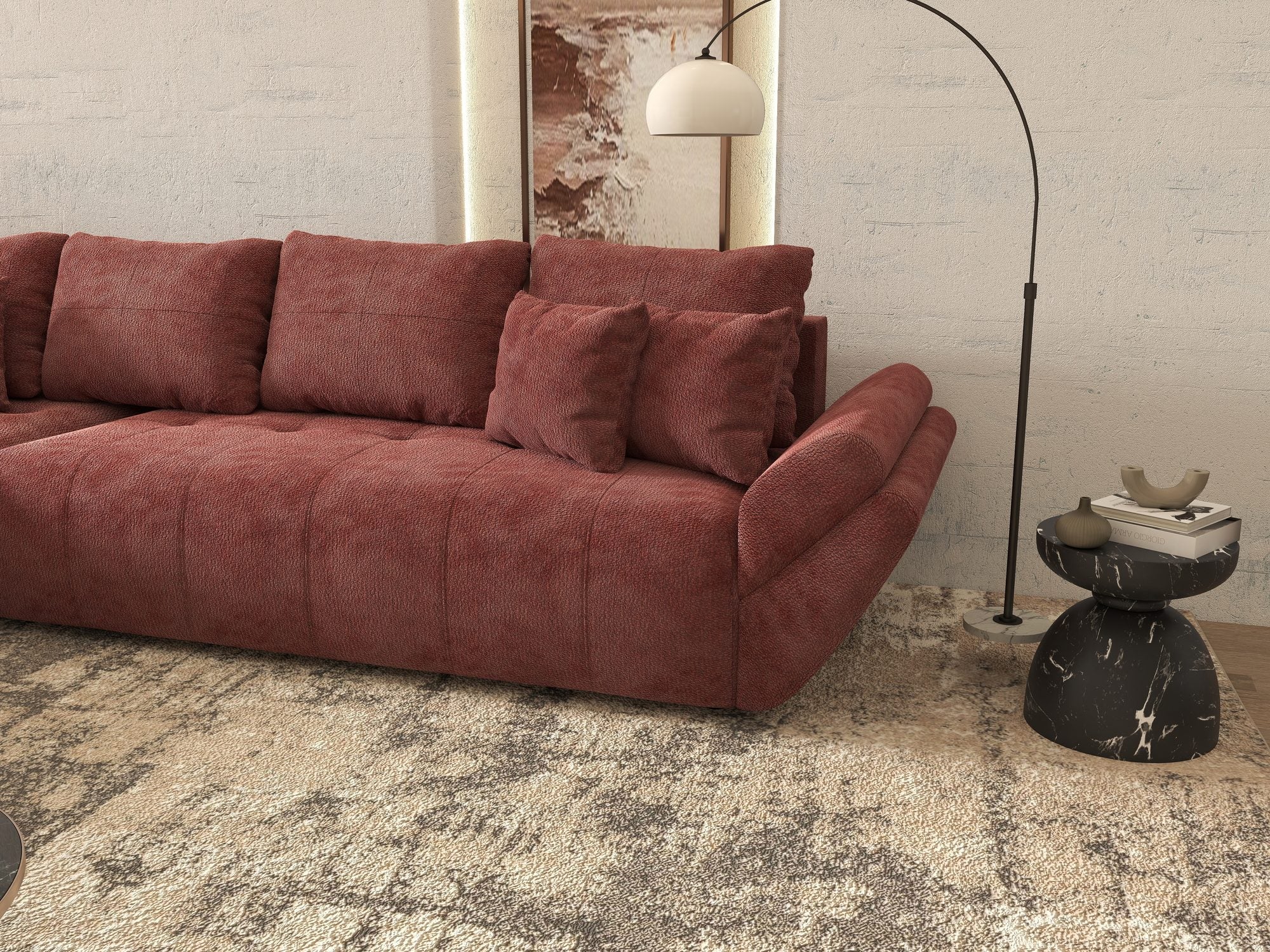 Colțar extensibil dumonde cu ladă de depozitare si sezut confortabil din spuma high-density, Berlin XL Vibe Rosu 58 350x185 cm