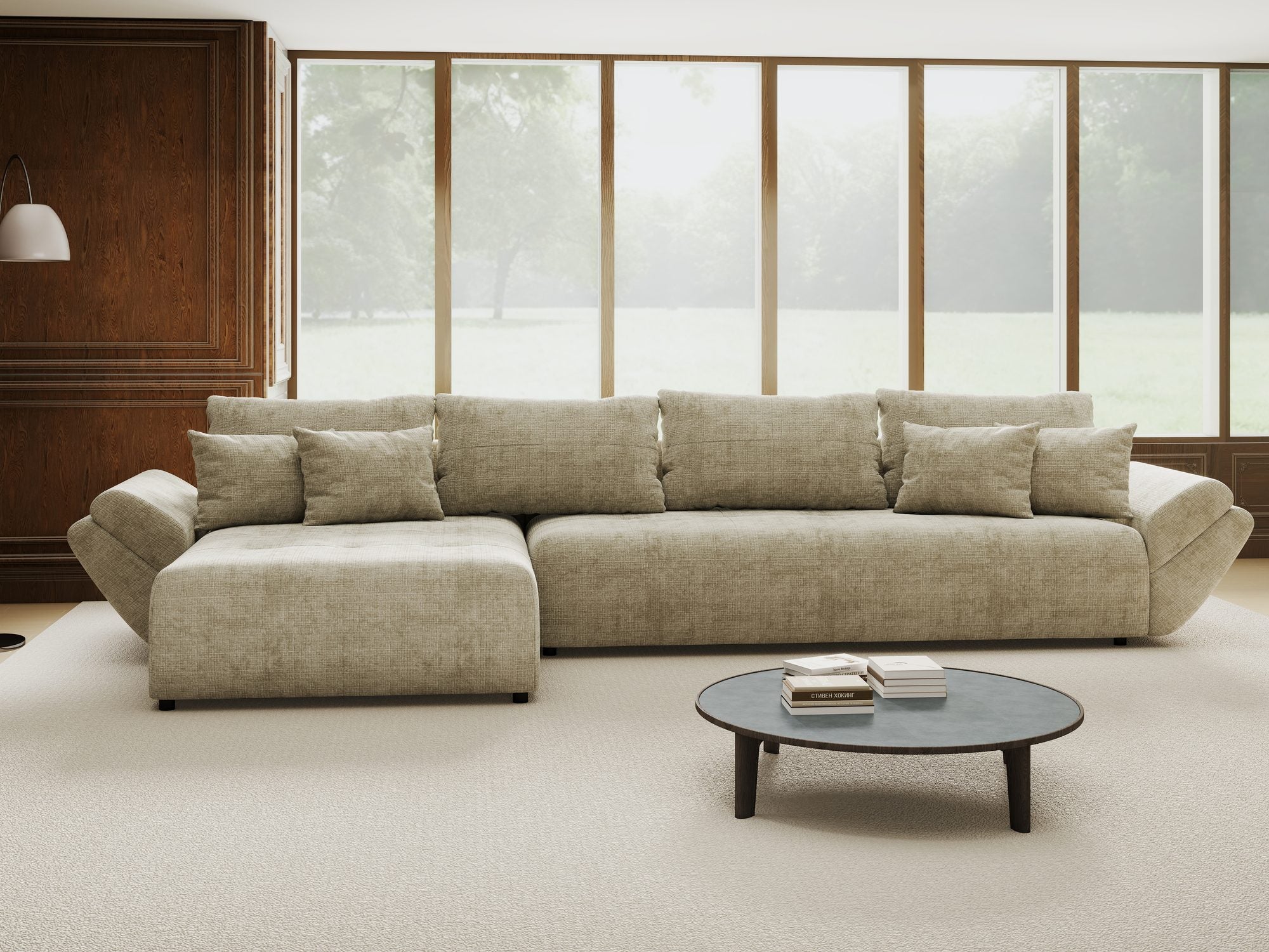 Colțar extensibil dumonde cu ladă de depozitare si sezut confortabil din spuma high-density, Berlin XL Cremona Bej 14 350x185 cm