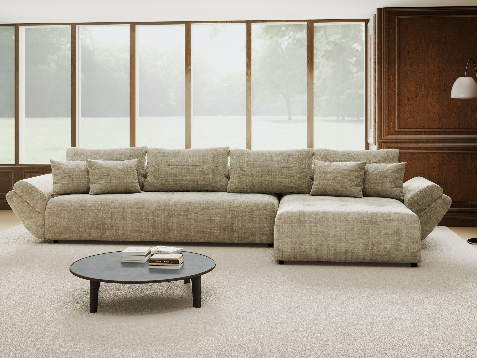 Colțar extensibil dumonde cu ladă de depozitare si sezut confortabil din spuma high-density, Berlin XL Cremona Bej 14 II 350x185 cm