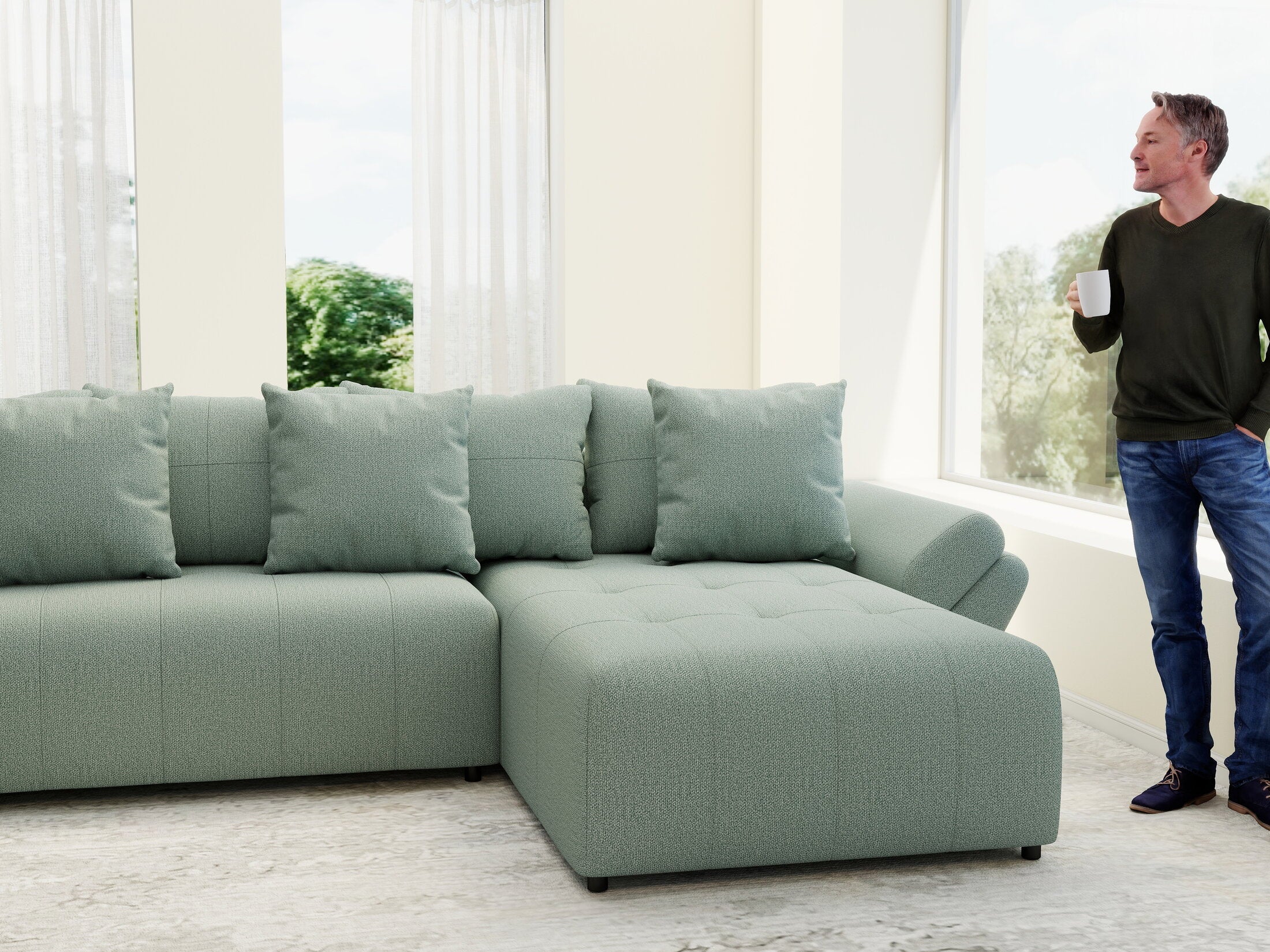 Colțar extensibil dumonde cu ladă de depozitare si sezut confortabil din spuma high-density, Berlin U Enjoy Mint 400x185 cm