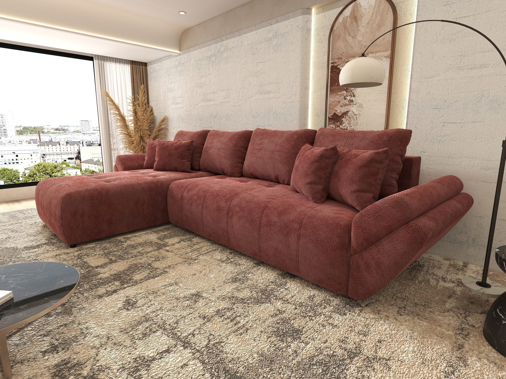 Colțar extensibil dumonde cu ladă de depozitare si sezut confortabil din spuma high-density, Berlin XL Vibe Rosu 58 350x185 cm