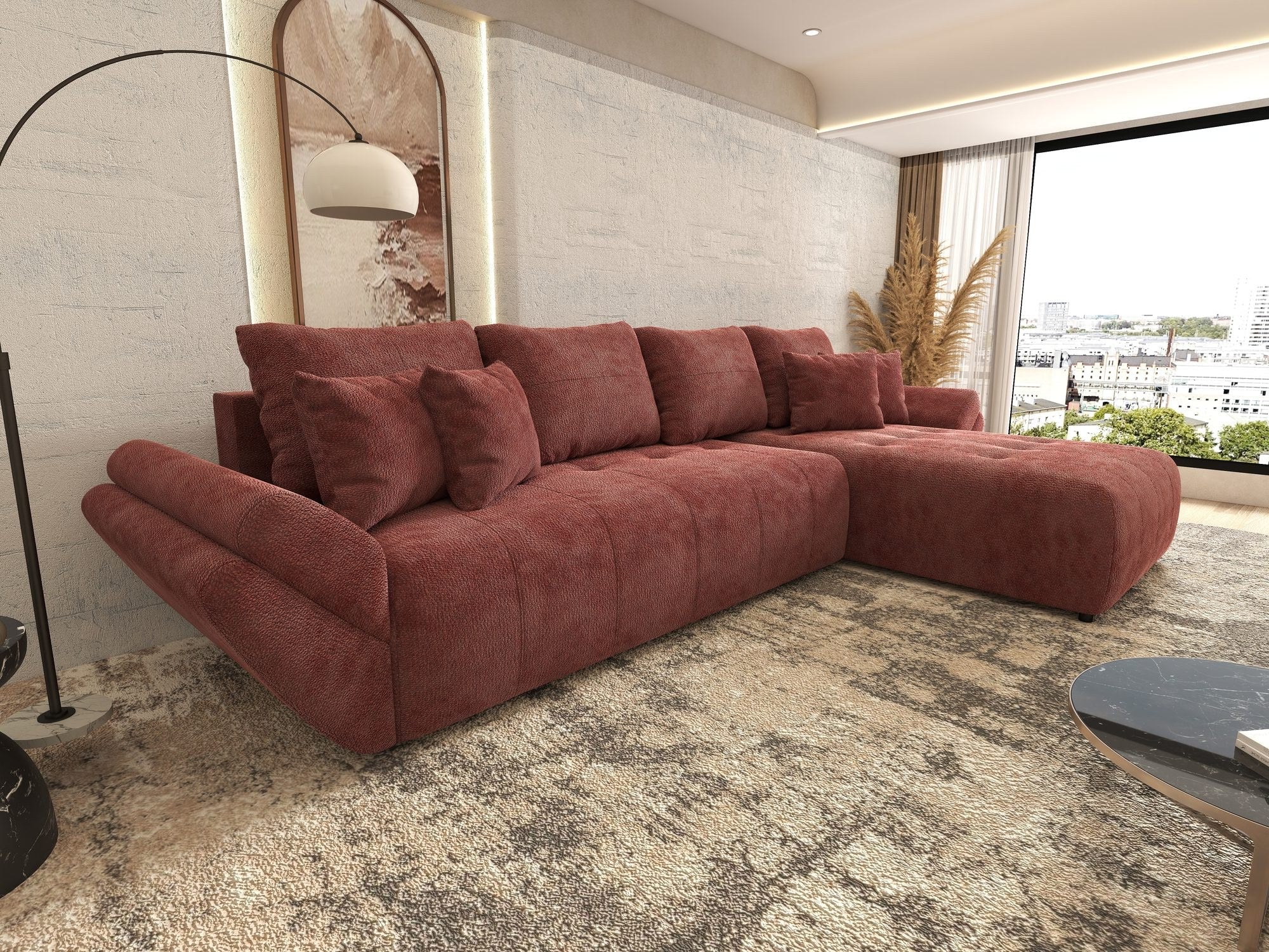 Colțar extensibil dumonde cu ladă de depozitare si sezut confortabil din spuma high-density, Berlin XL Vibe Rosu 58 II 350x185 cm