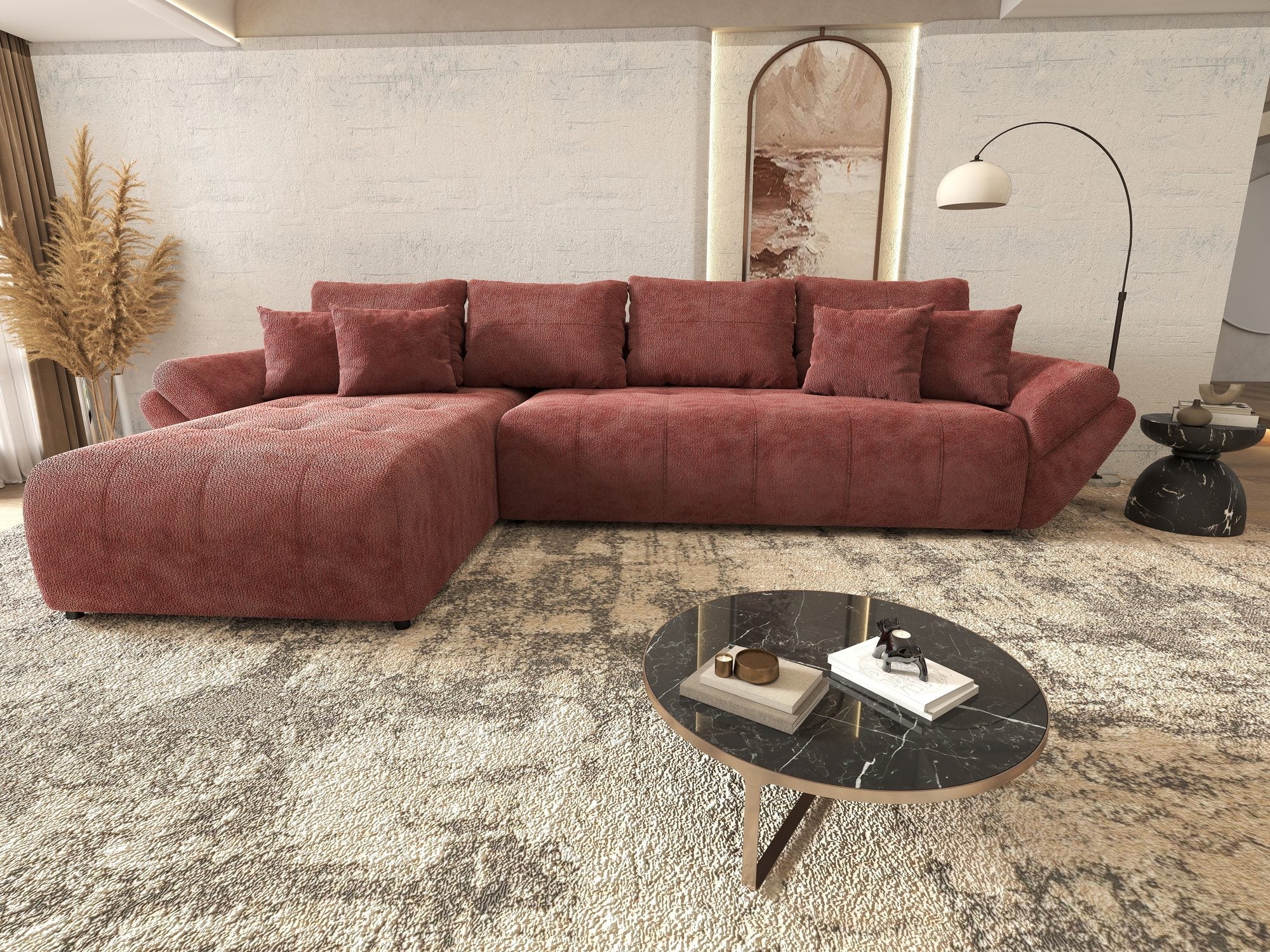 Colțar extensibil dumonde cu ladă de depozitare si sezut confortabil din spuma high-density, Berlin XL Vibe Rosu 58 350x185 cm