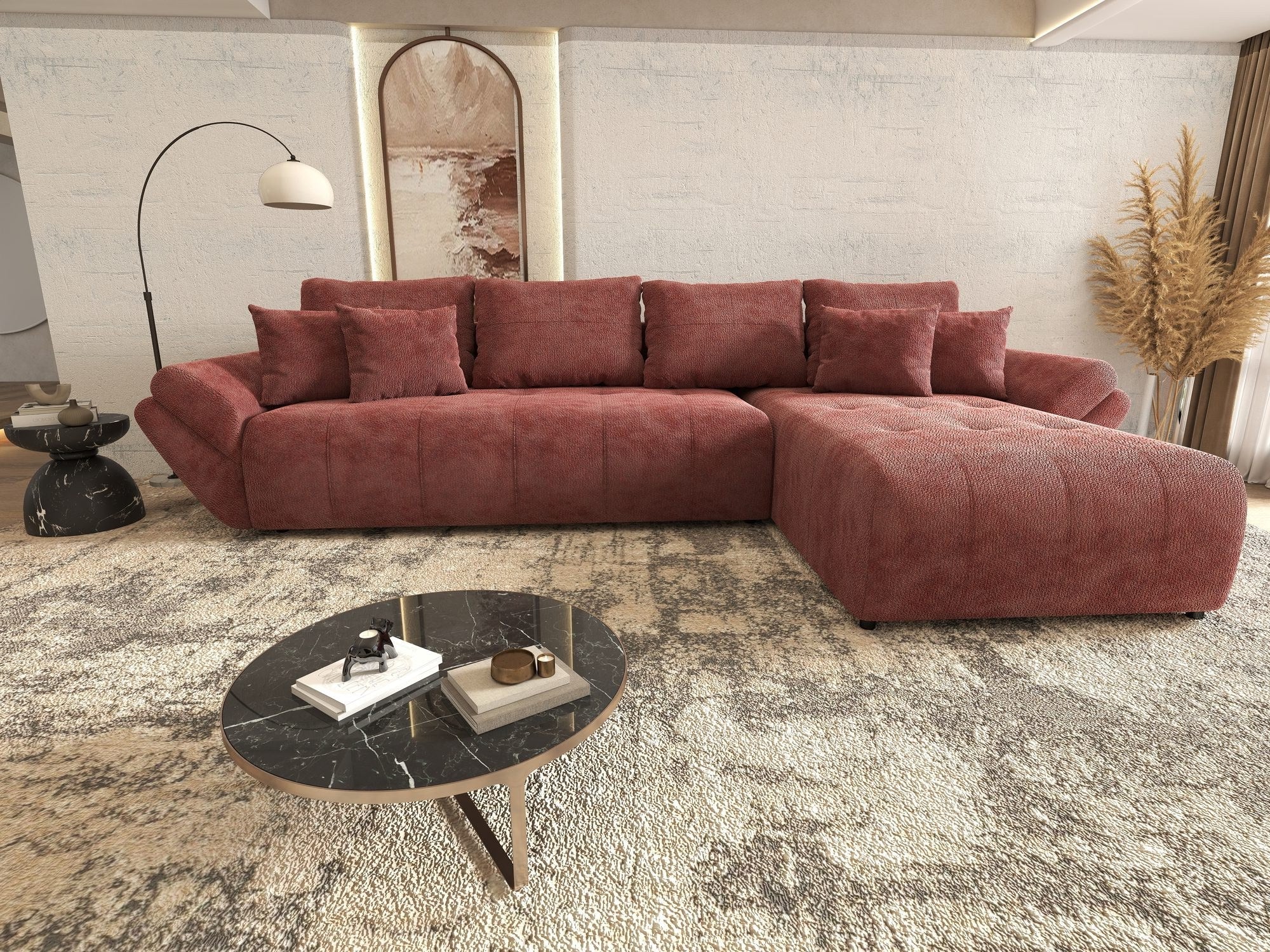 Colțar extensibil dumonde cu ladă de depozitare si sezut confortabil din spuma high-density, Berlin XL Vibe Rosu 58 II 350x185 cm