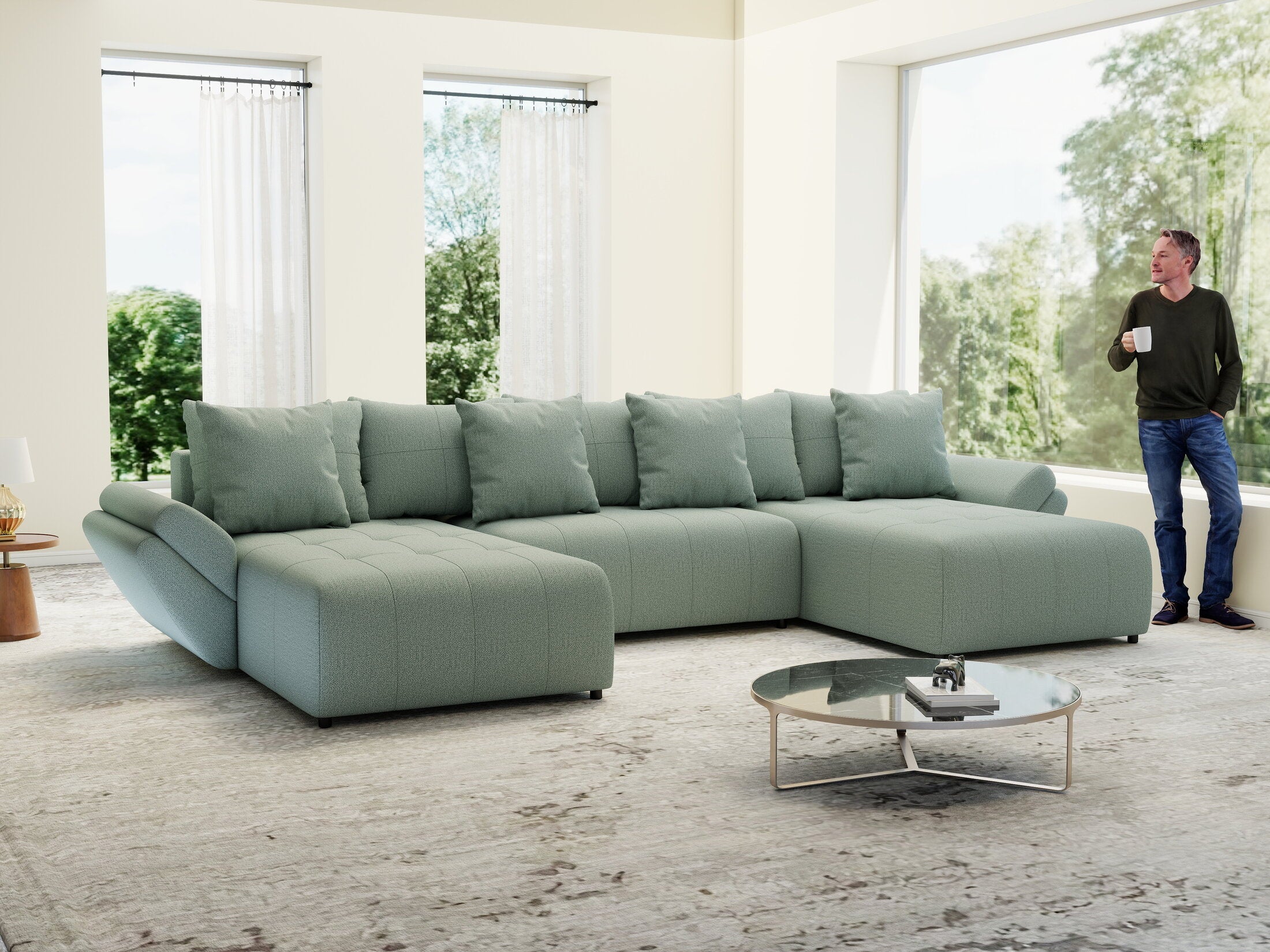 Colțar extensibil dumonde cu ladă de depozitare si sezut confortabil din spuma high-density, Berlin U Enjoy Mint 400x185 cm