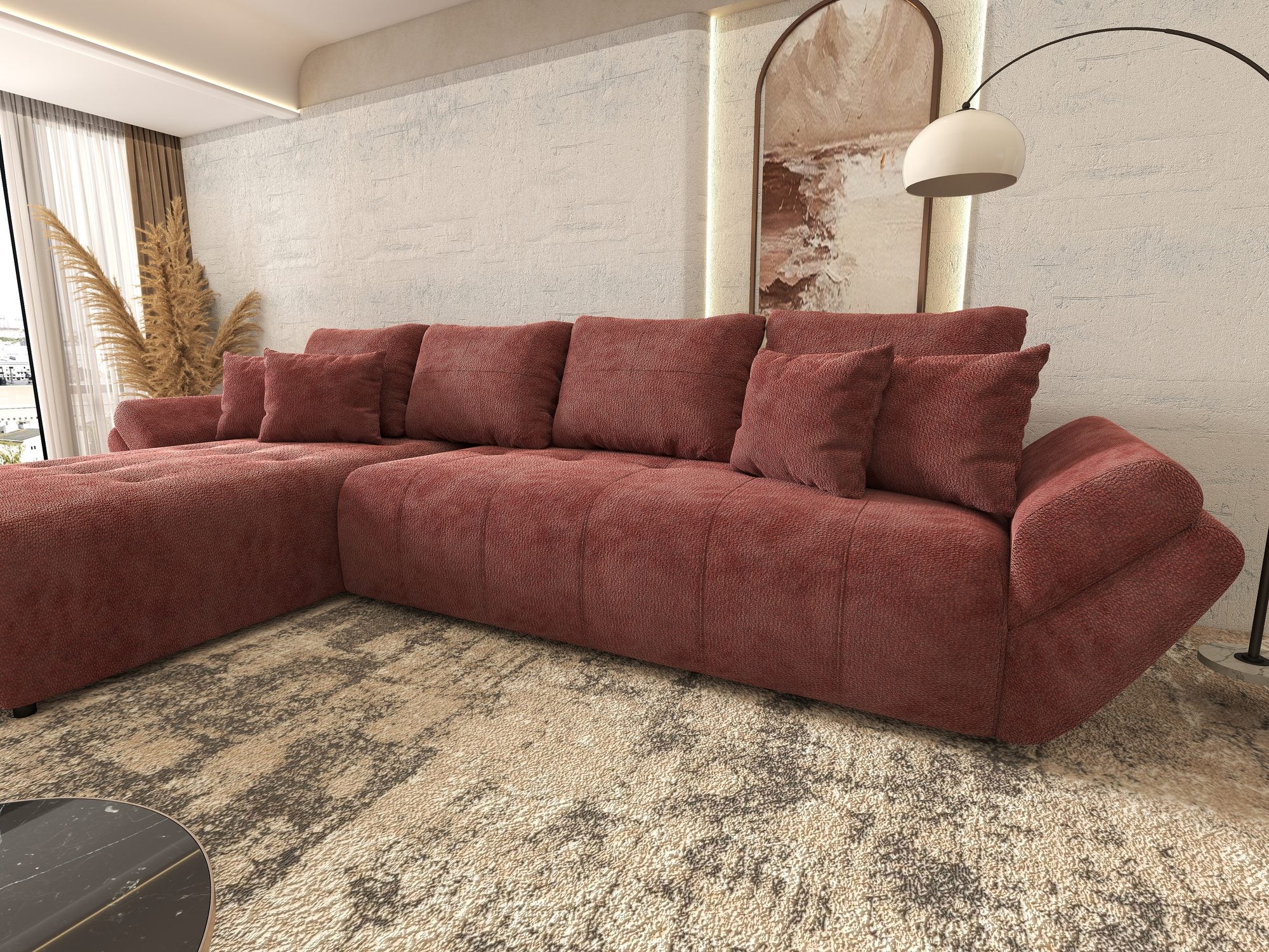 Colțar extensibil dumonde cu ladă de depozitare si sezut confortabil din spuma high-density, Berlin XL Vibe Rosu 58 350x185 cm