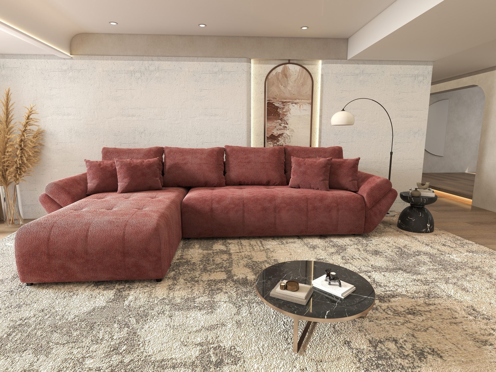 Colțar extensibil dumonde cu ladă de depozitare si sezut confortabil din spuma high-density, Berlin XL Vibe Rosu 58 350x185 cm
