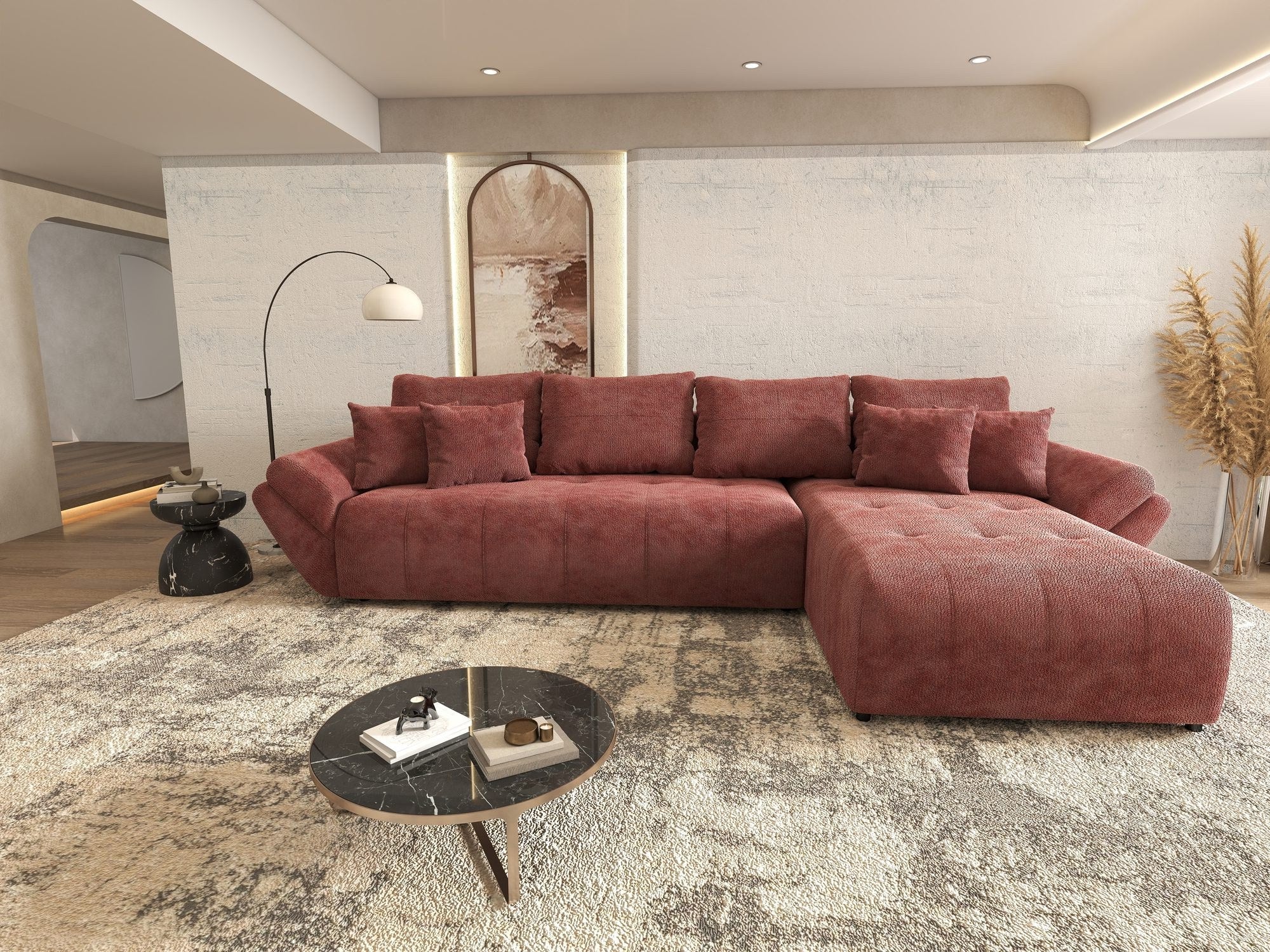 Colțar extensibil dumonde cu ladă de depozitare si sezut confortabil din spuma high-density, Berlin XL Vibe Rosu 58 II 350x185 cm
