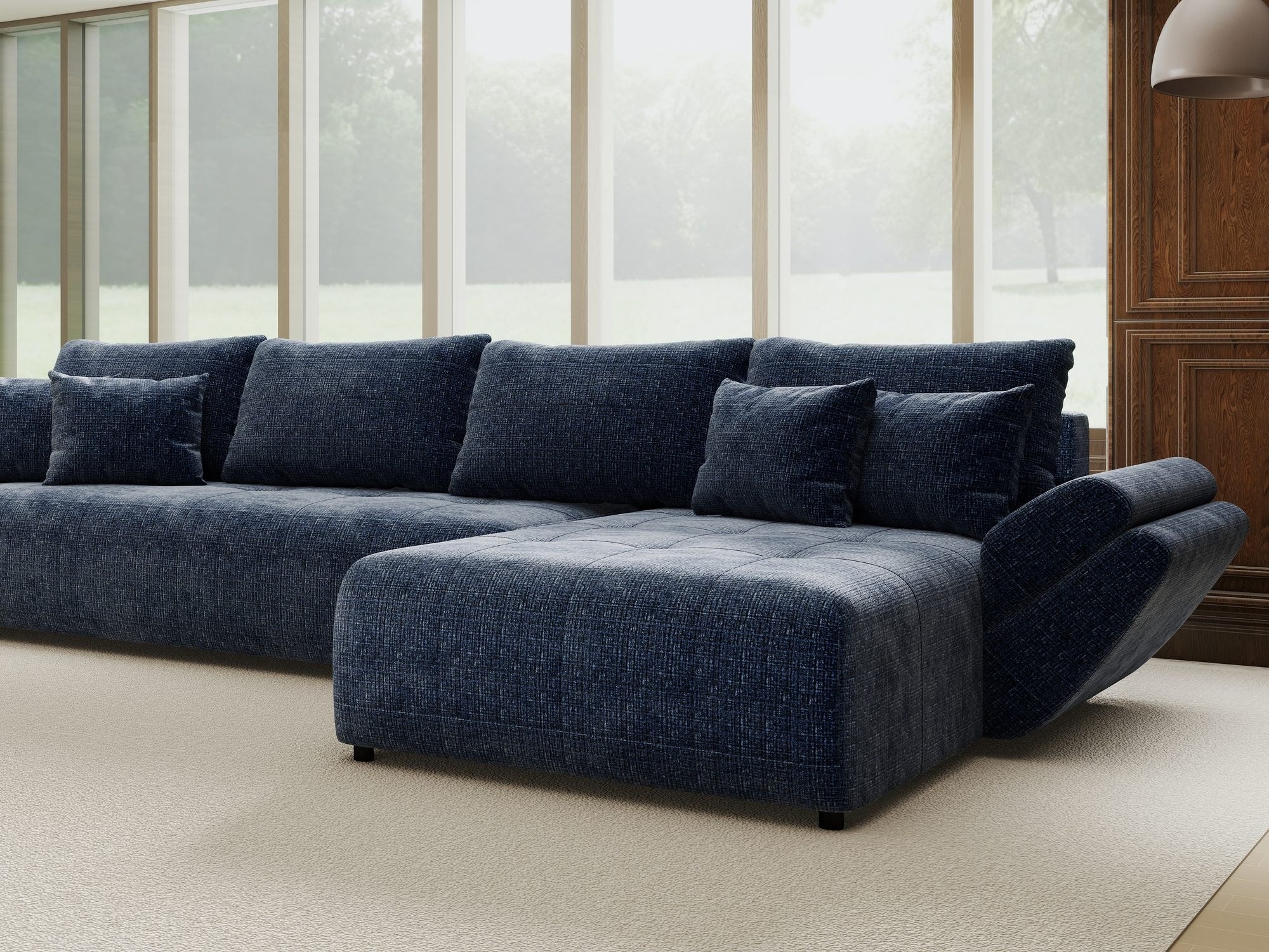 Colțar extensibil dumonde cu ladă de depozitare si sezut confortabil din spuma high-density, Berlin XL Cremona Albastru 79 II 350x185 cm