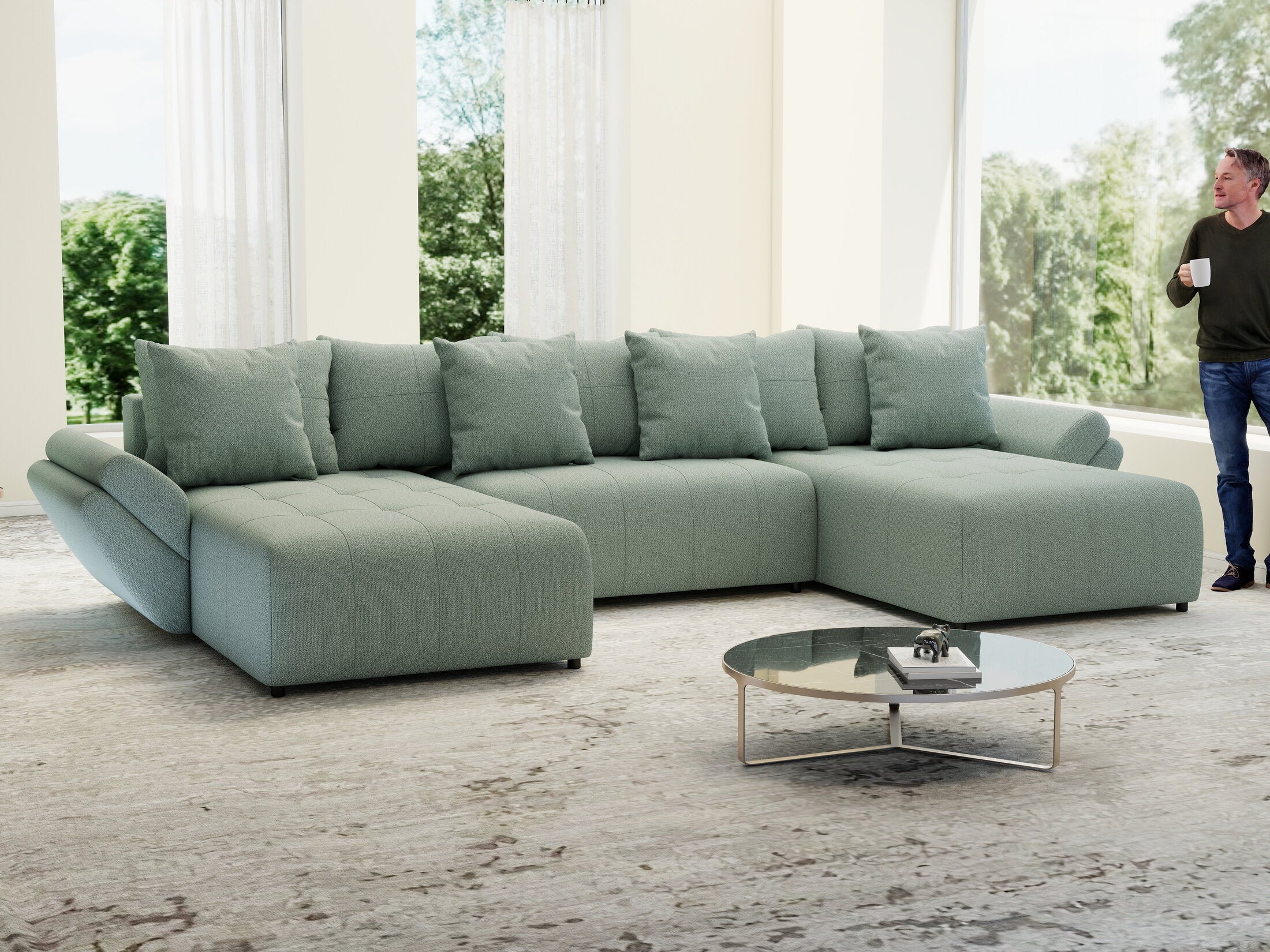 Colțar extensibil dumonde cu ladă de depozitare si sezut confortabil din spuma high-density, Berlin U Enjoy Mint 400x185 cm