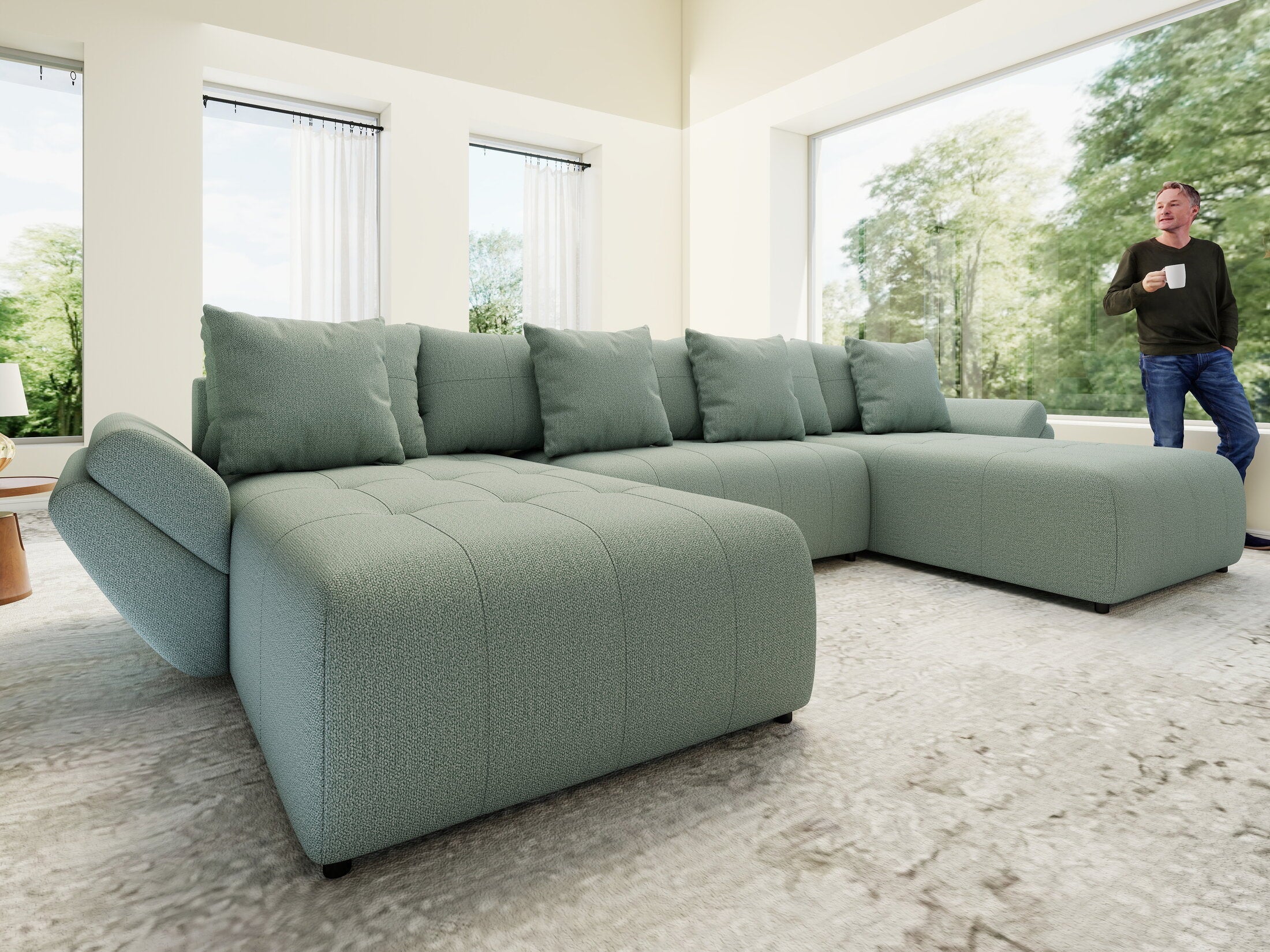 Colțar extensibil dumonde cu ladă de depozitare si sezut confortabil din spuma high-density, Berlin U Enjoy Mint 400x185 cm