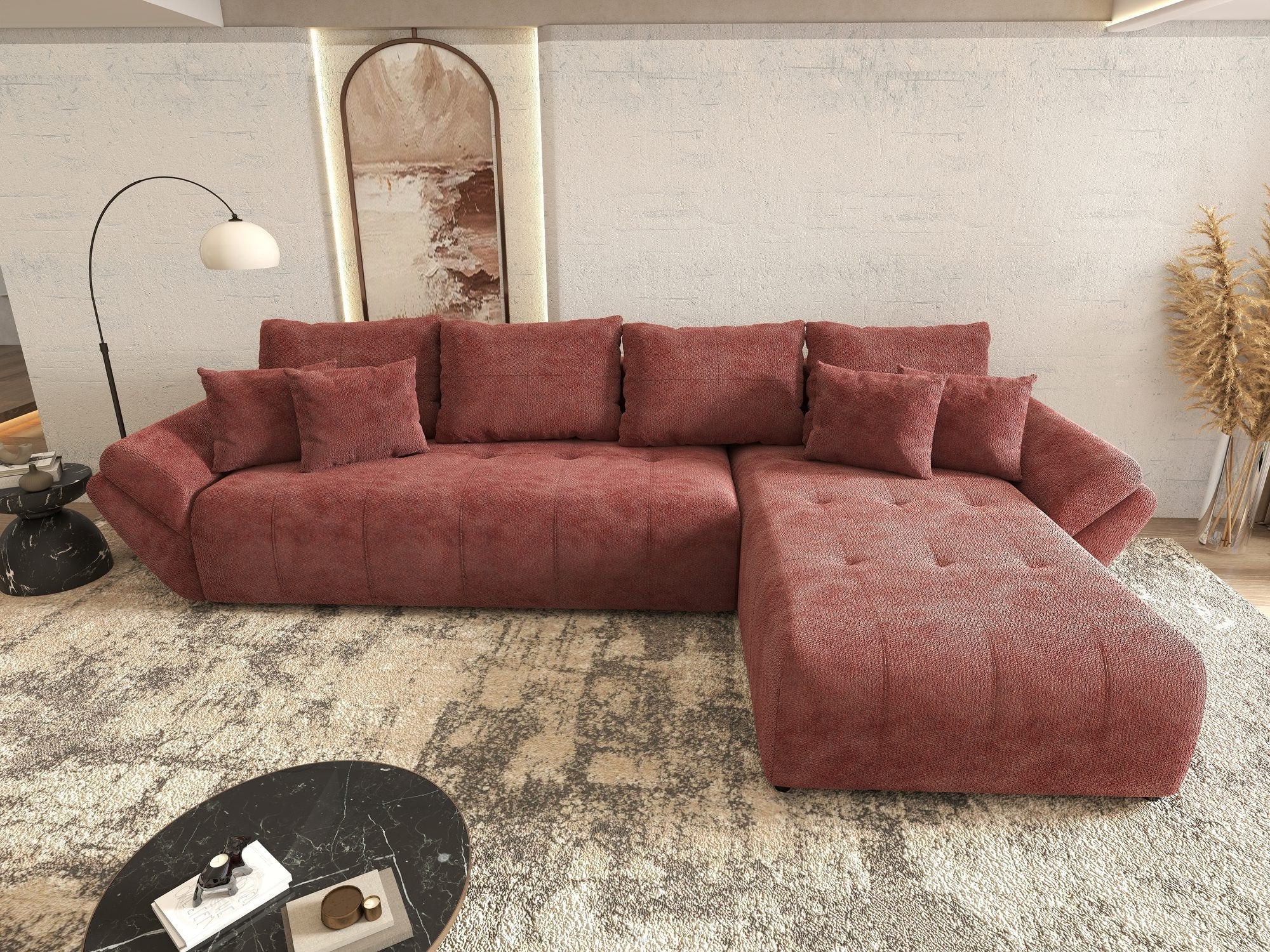 Colțar extensibil dumonde cu ladă de depozitare si sezut confortabil din spuma high-density, Berlin XL Vibe Rosu 58 II 350x185 cm