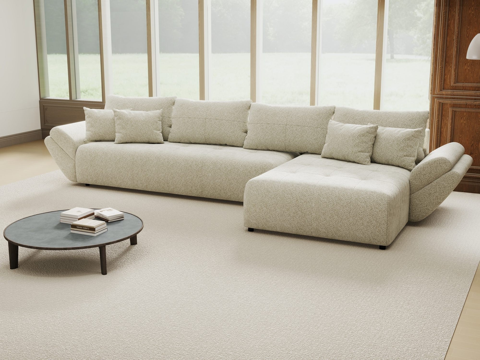Colțar extensibil dumonde cu ladă de depozitare si sezut confortabil din spuma high-density, Berlin XL Arena Bej 20 II 350x185 cm