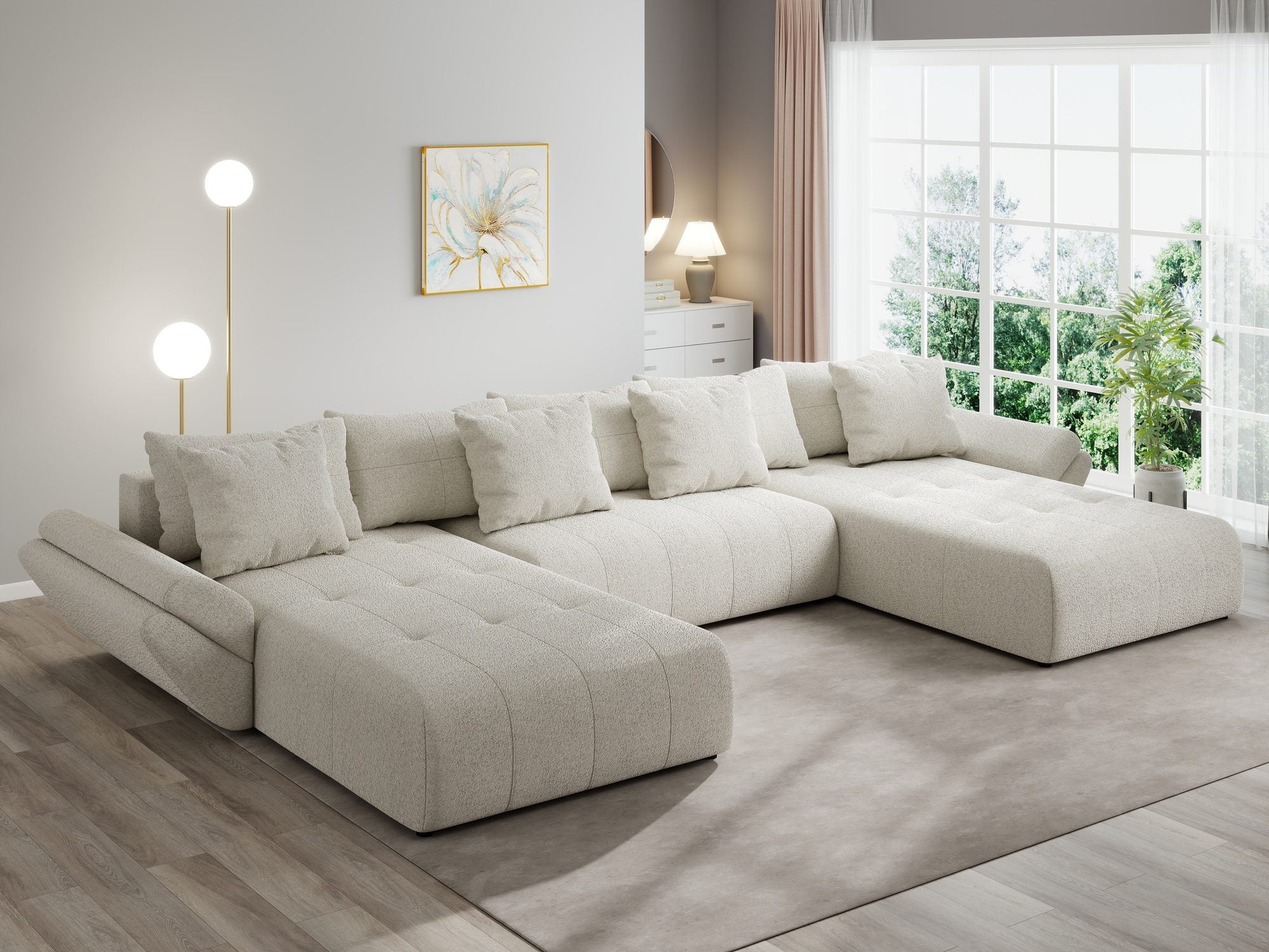 Colțar extensibil dumonde cu ladă de depozitare si sezut confortabil din spuma high-density, Berlin U Monte Bej 03 380x180 cm