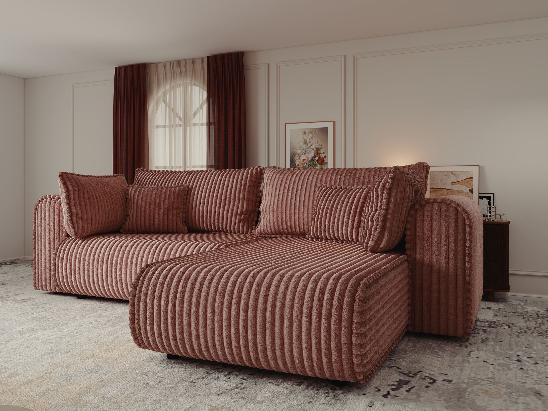 Colțar extensibil dumonde cu ladă de depozitare si sezut confortabil din spuma high-density, Monaco L Tilia Roz II 270x100 cm