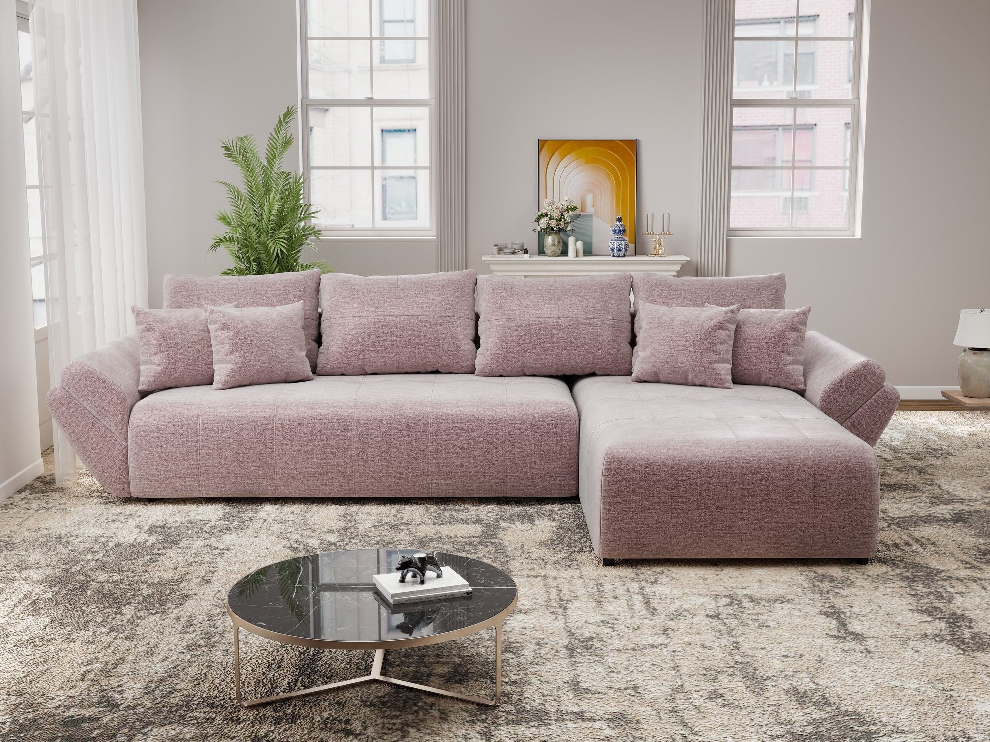 Colțar extensibil dumonde cu ladă de depozitare si sezut confortabil din spuma high-density, Berlin XL Monolith Roz Pudrat 62 II 350x185 cm