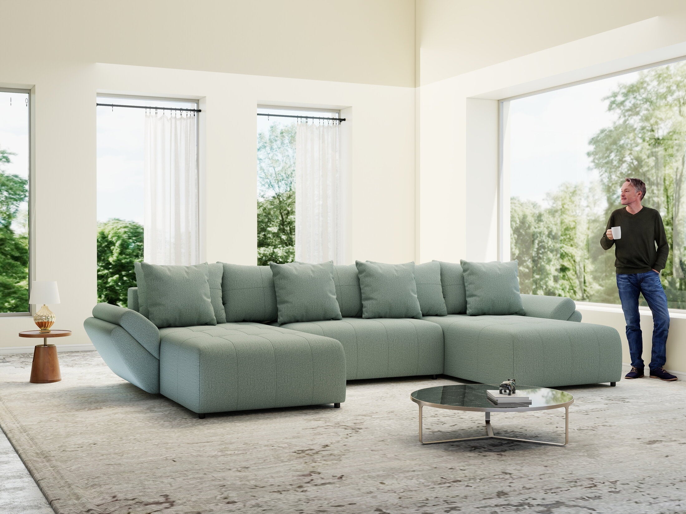 Colțar extensibil dumonde cu ladă de depozitare si sezut confortabil din spuma high-density, Berlin U Enjoy Mint 400x185 cm