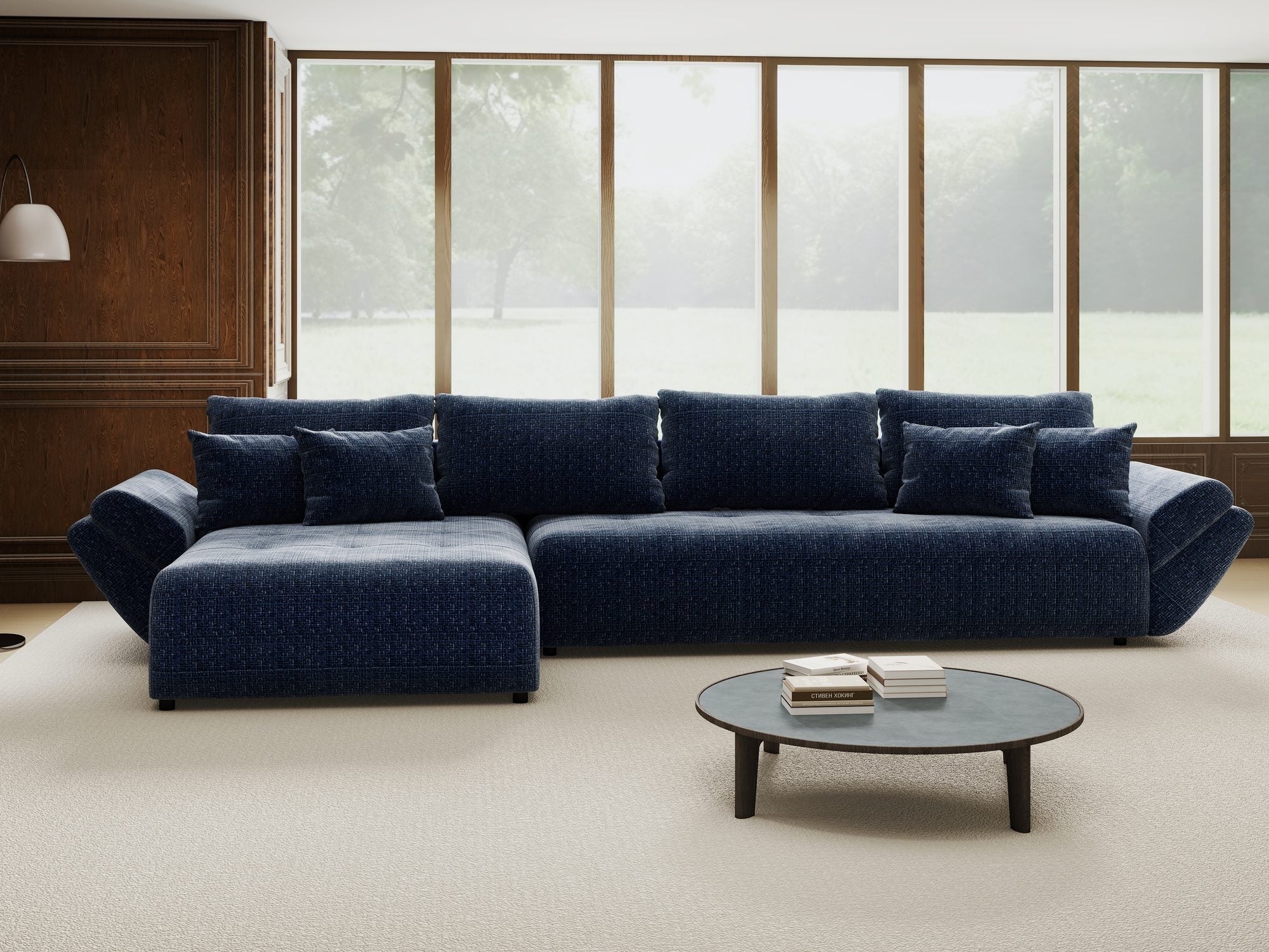 Colțar extensibil dumonde cu ladă de depozitare si sezut confortabil din spuma high-density, Berlin XL Cremona Albastru 79 350x185 cm
