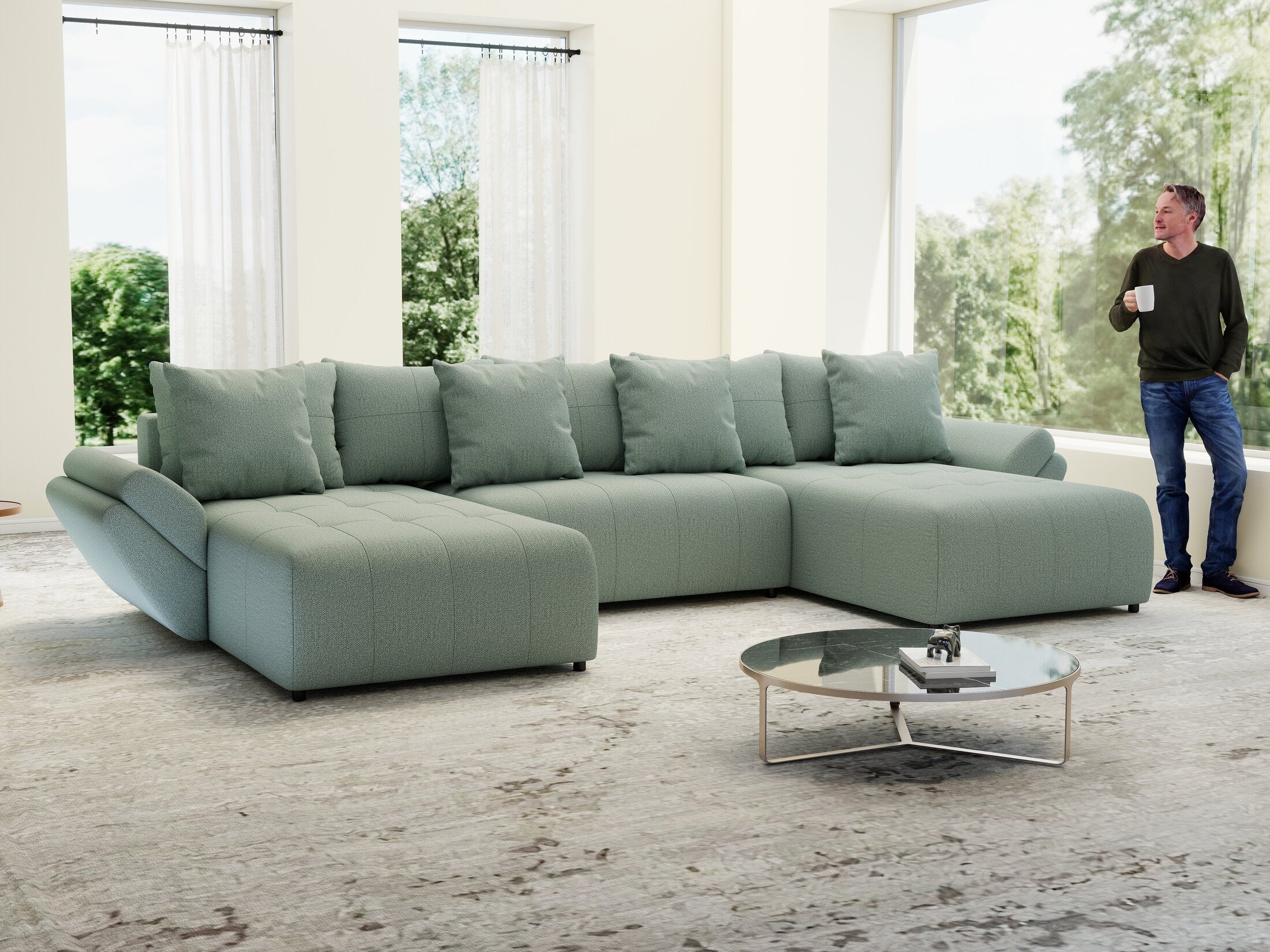 Colțar extensibil dumonde cu ladă de depozitare si sezut confortabil din spuma high-density, Berlin U Enjoy Mint 400x185 cm