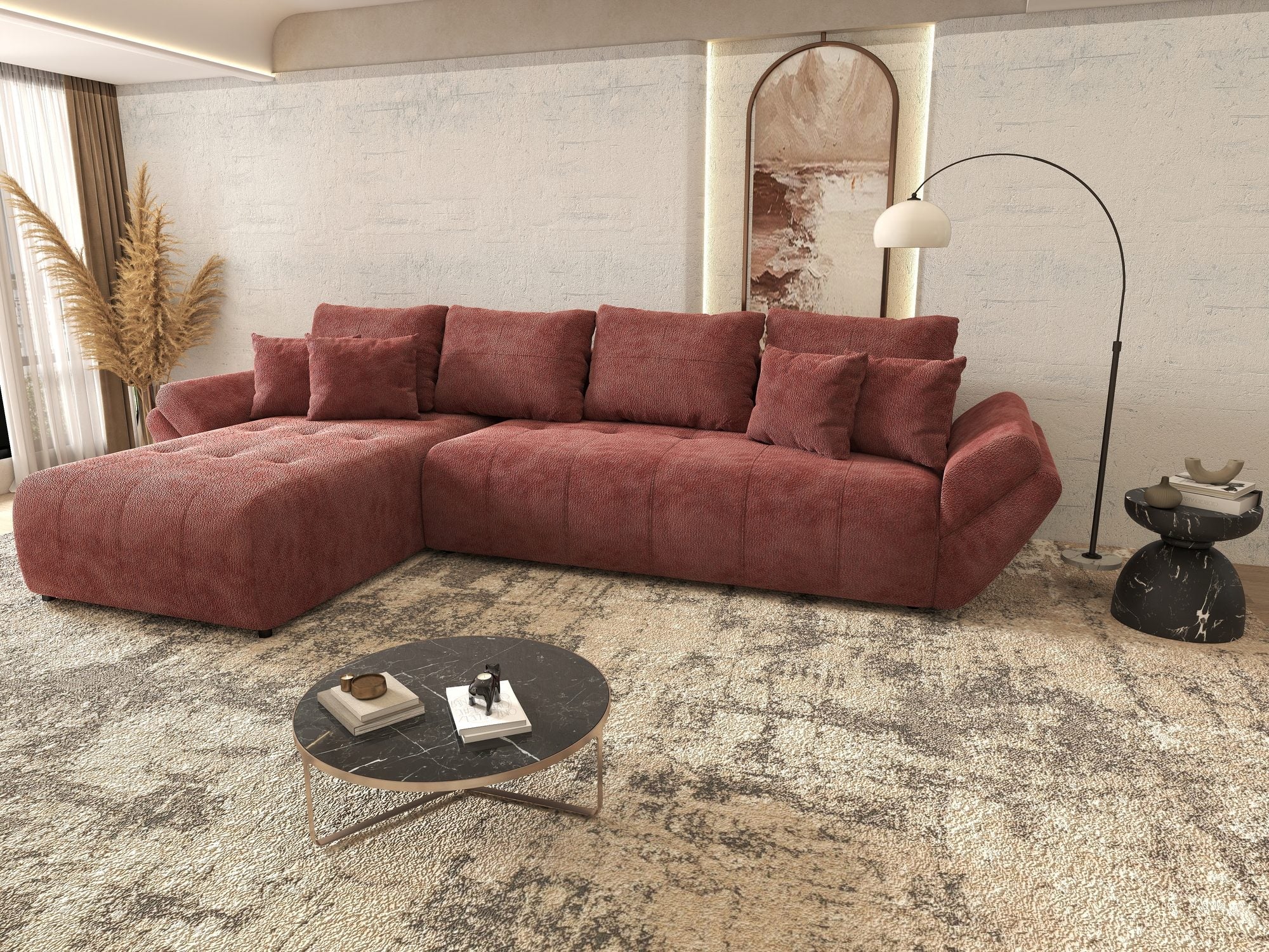 Colțar extensibil dumonde cu ladă de depozitare si sezut confortabil din spuma high-density, Berlin XL Vibe Rosu 58 350x185 cm