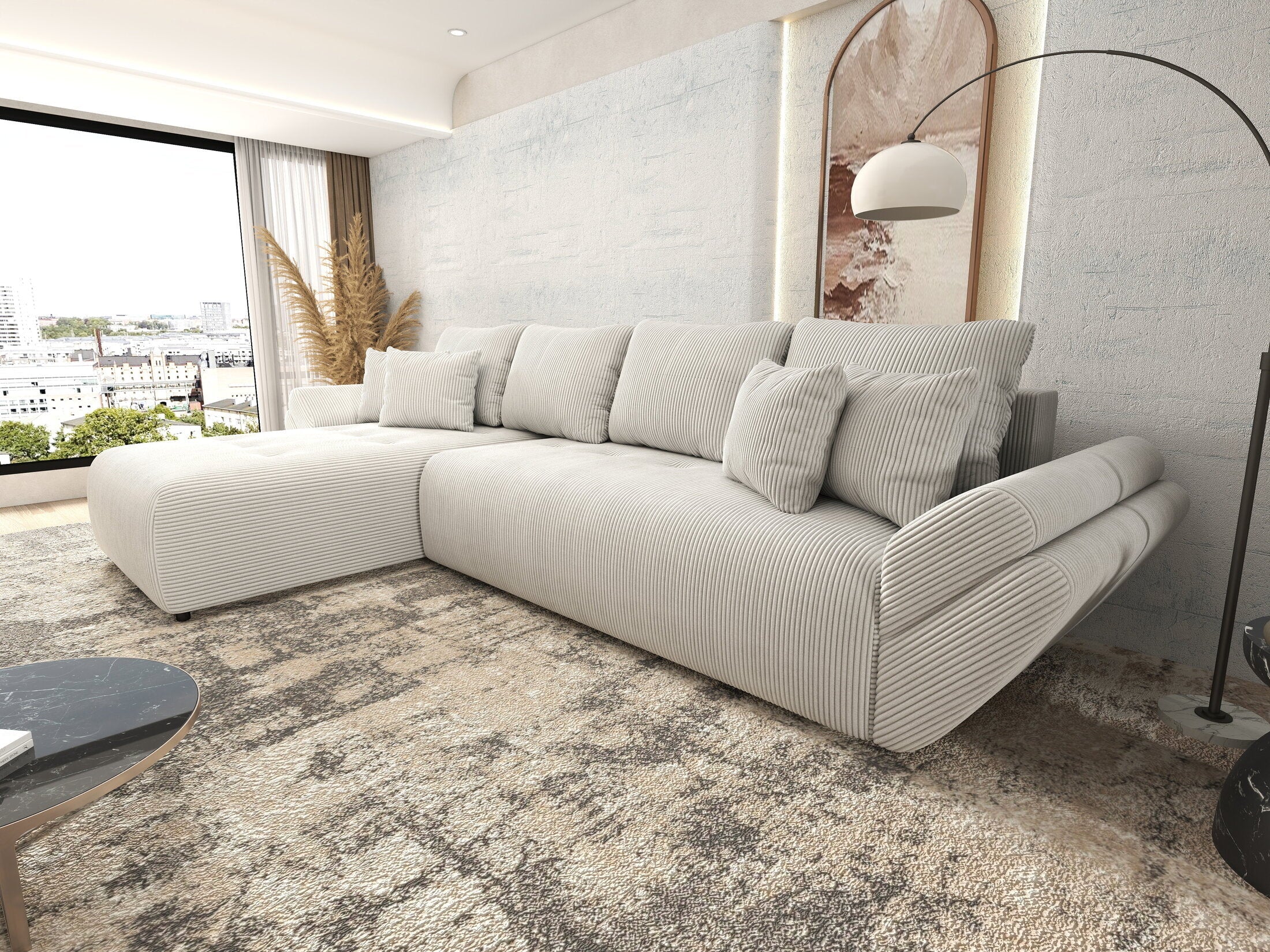 Colțar extensibil dumonde cu ladă de depozitare si sezut confortabil din spuma high-density, Berlin XL Zoom Crem 350x185 cm