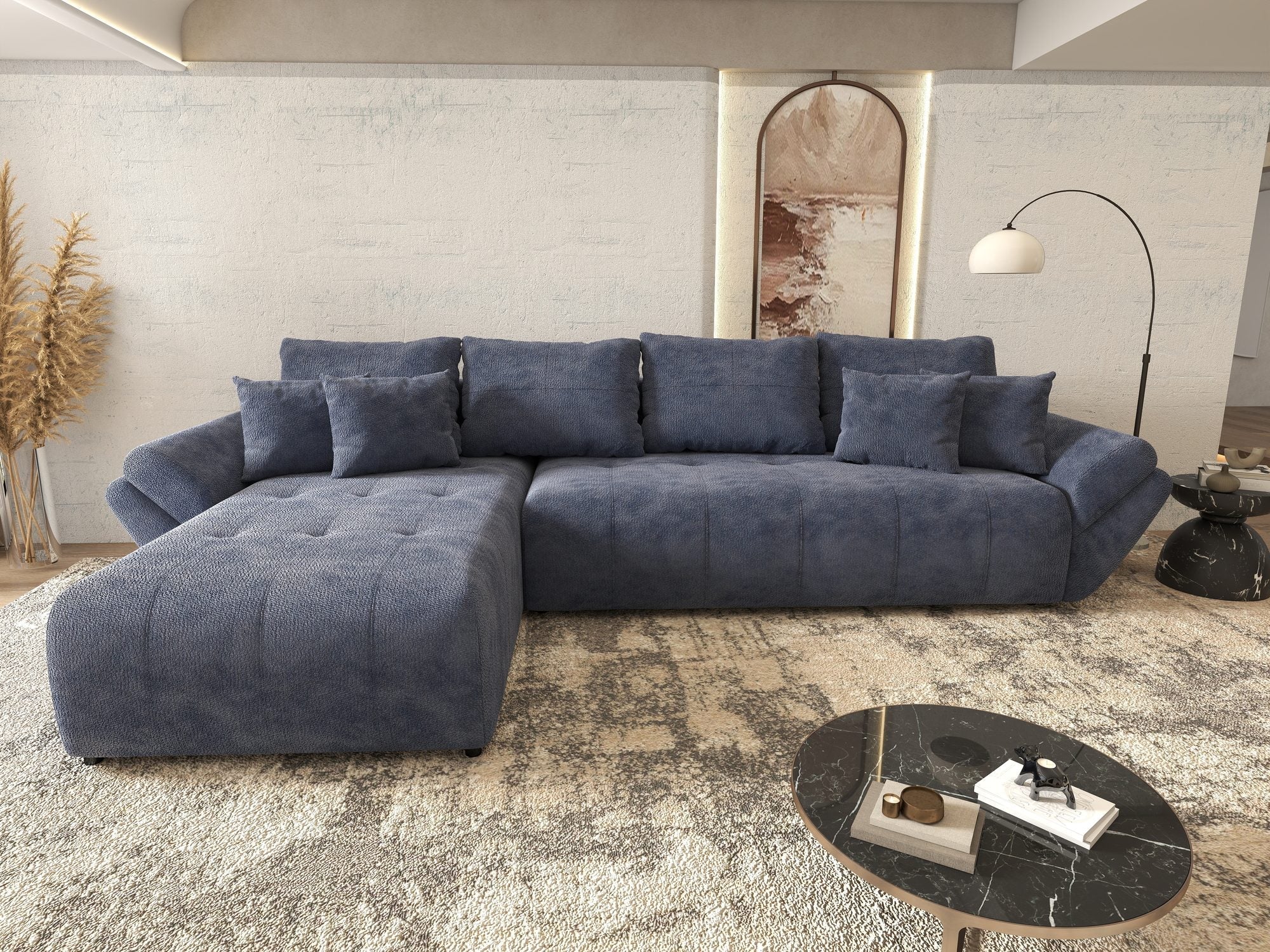 Colțar extensibil dumonde cu ladă de depozitare si sezut confortabil din spuma high-density, Berlin XL Vibe Albastru 79 350x185 cm